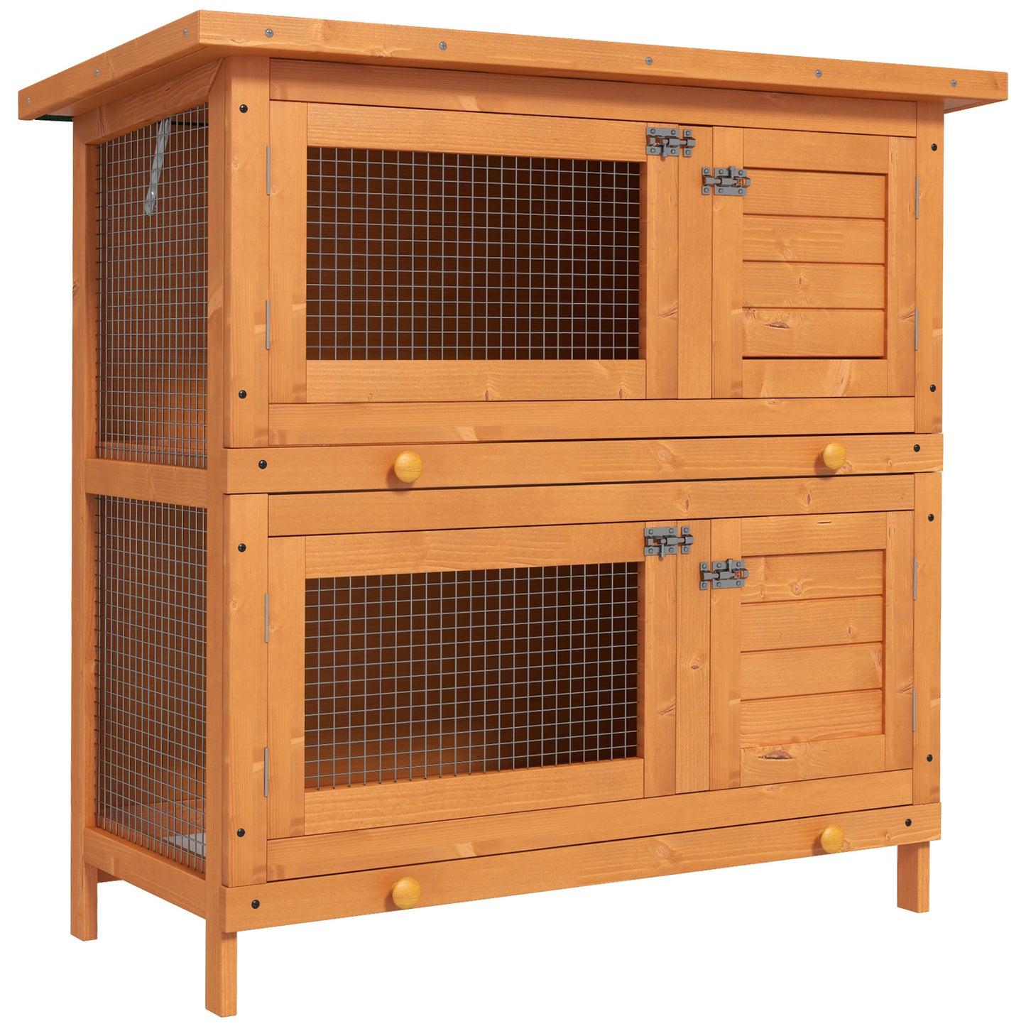 PawHut Conejera de Madera Exterior de 2 Niveles Jaula para 1-2 Conejos Mascotas Pequeñas con Techo Asfáltico Abrible y 2 Bandejas Extraíbles 90x45x90 cm Madera Natural