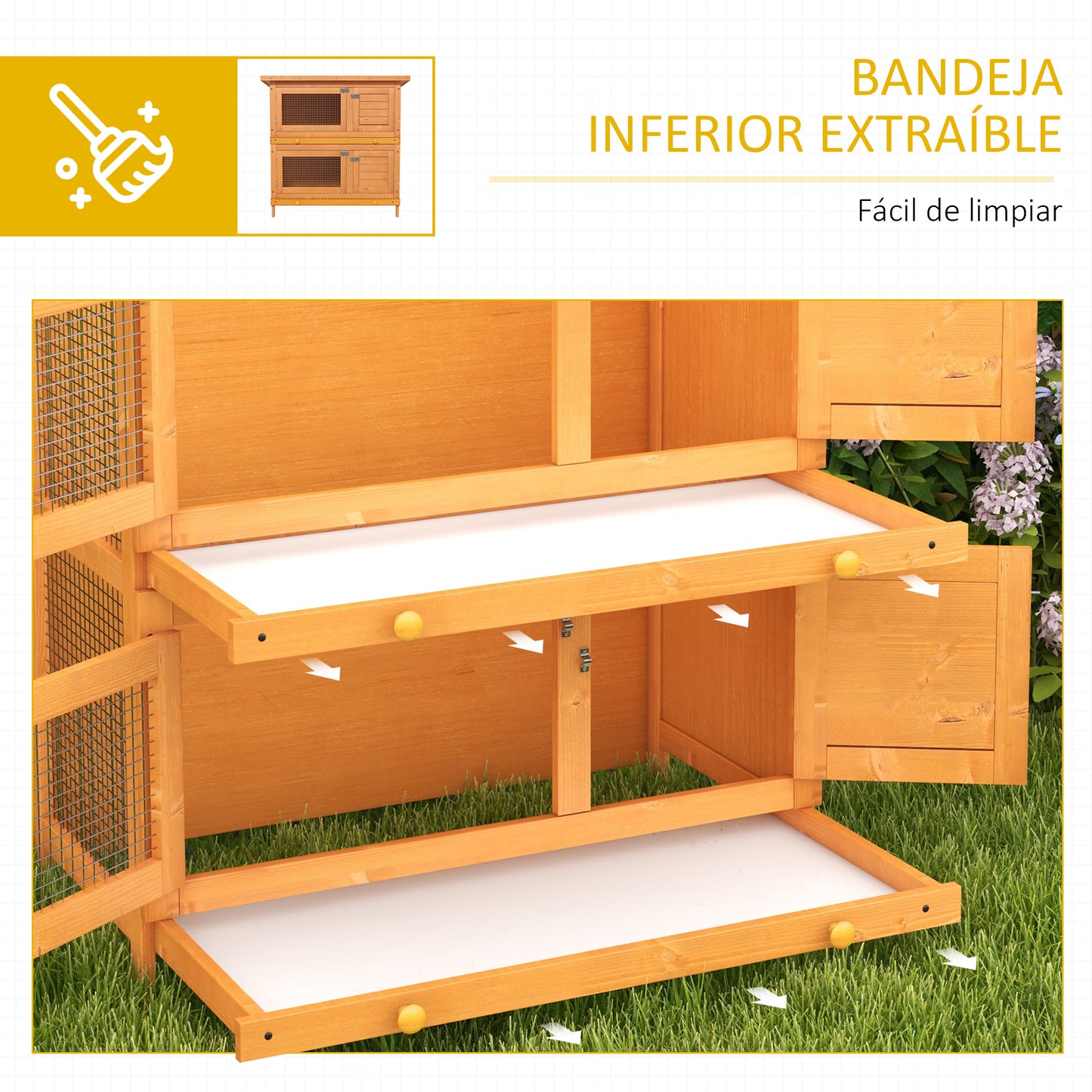 PawHut Conejera de Madera Exterior de 2 Niveles Jaula para 1-2 Conejos Mascotas Pequeñas con Techo Asfáltico Abrible y 2 Bandejas Extraíbles 90x45x90 cm Madera Natural