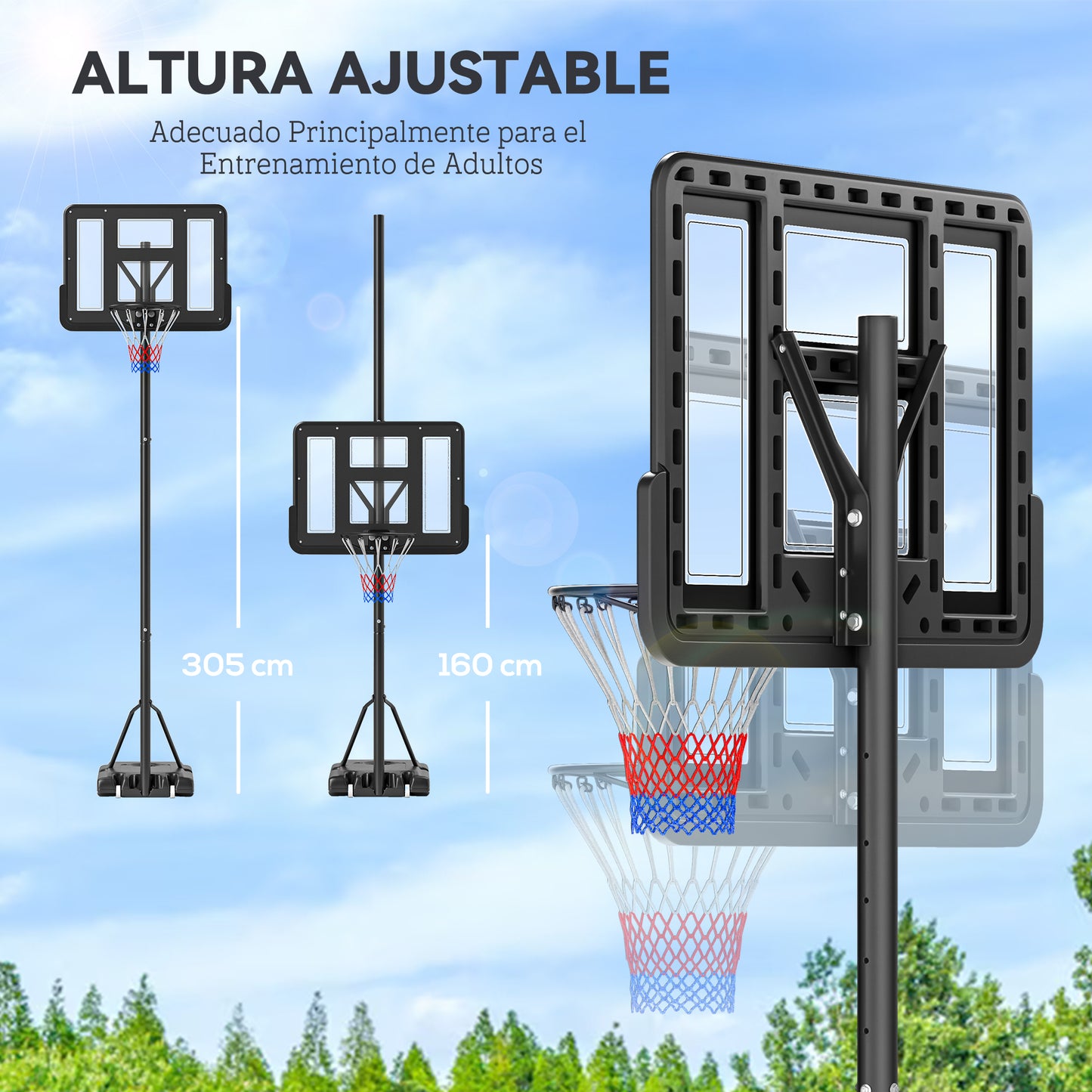 HOMCOM Canasta de Baloncesto de Exterior con Altura Ajustable 220-365 cm Aro de Baloncesto Portátil con Soporte Canasta de Baloncesto con Ruedas Base Rellenable Negro