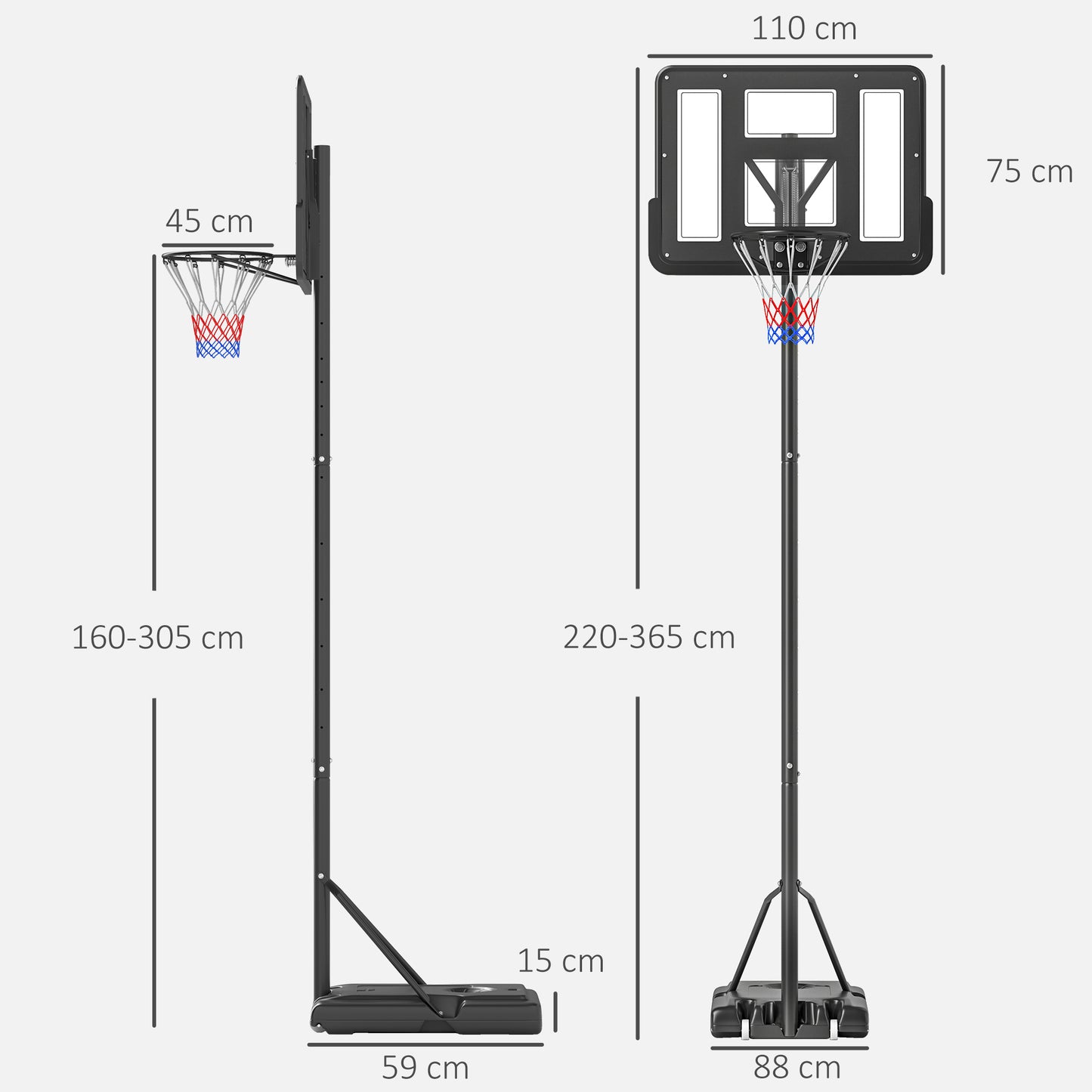 HOMCOM Canasta de Baloncesto de Exterior con Altura Ajustable 220-365 cm Aro de Baloncesto Portátil con Soporte Canasta de Baloncesto con Ruedas Base Rellenable Negro