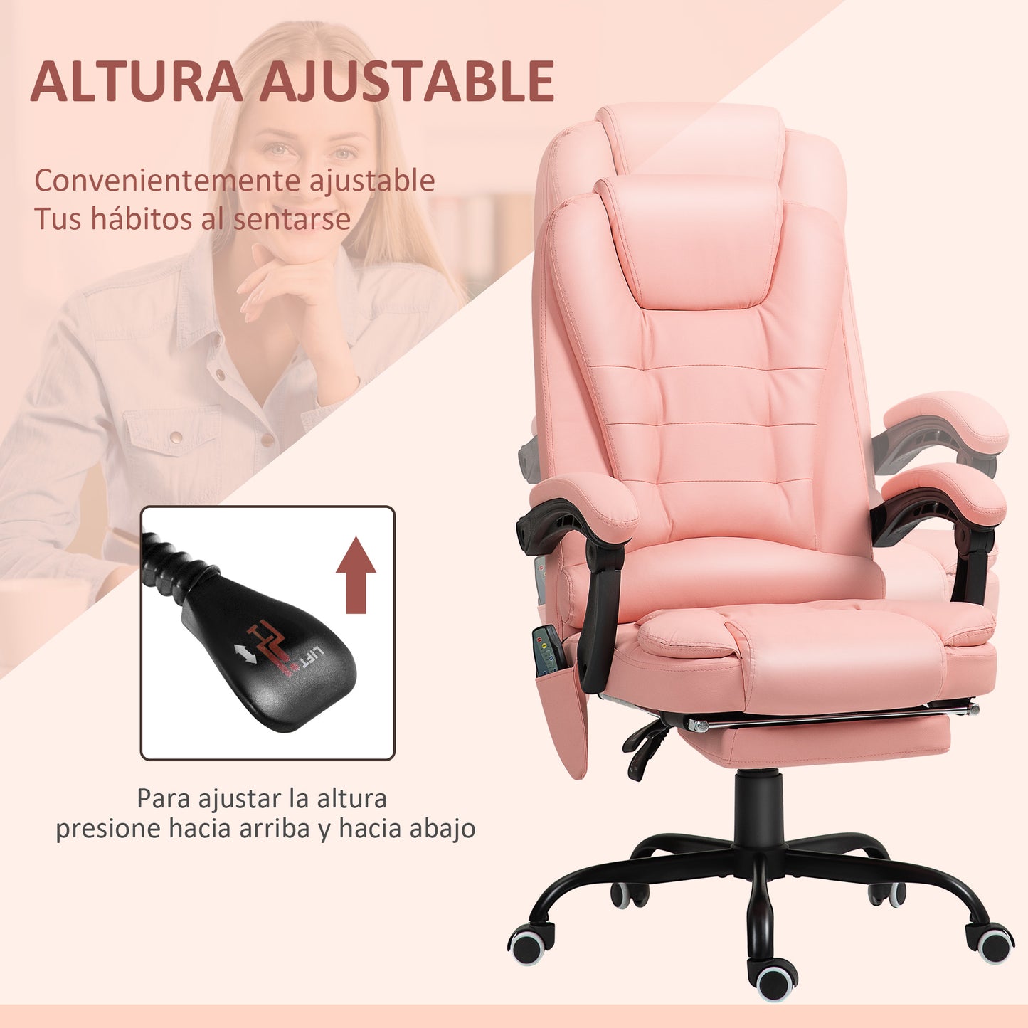 Vinsetto Silla de Oficina con 7 Puntos de Masaje Silla de Masaje Giratoria Silla de Escritorio con Reposapiés Retráctil Altura Ajustable Control Remoto y Tejido de PU Rosa