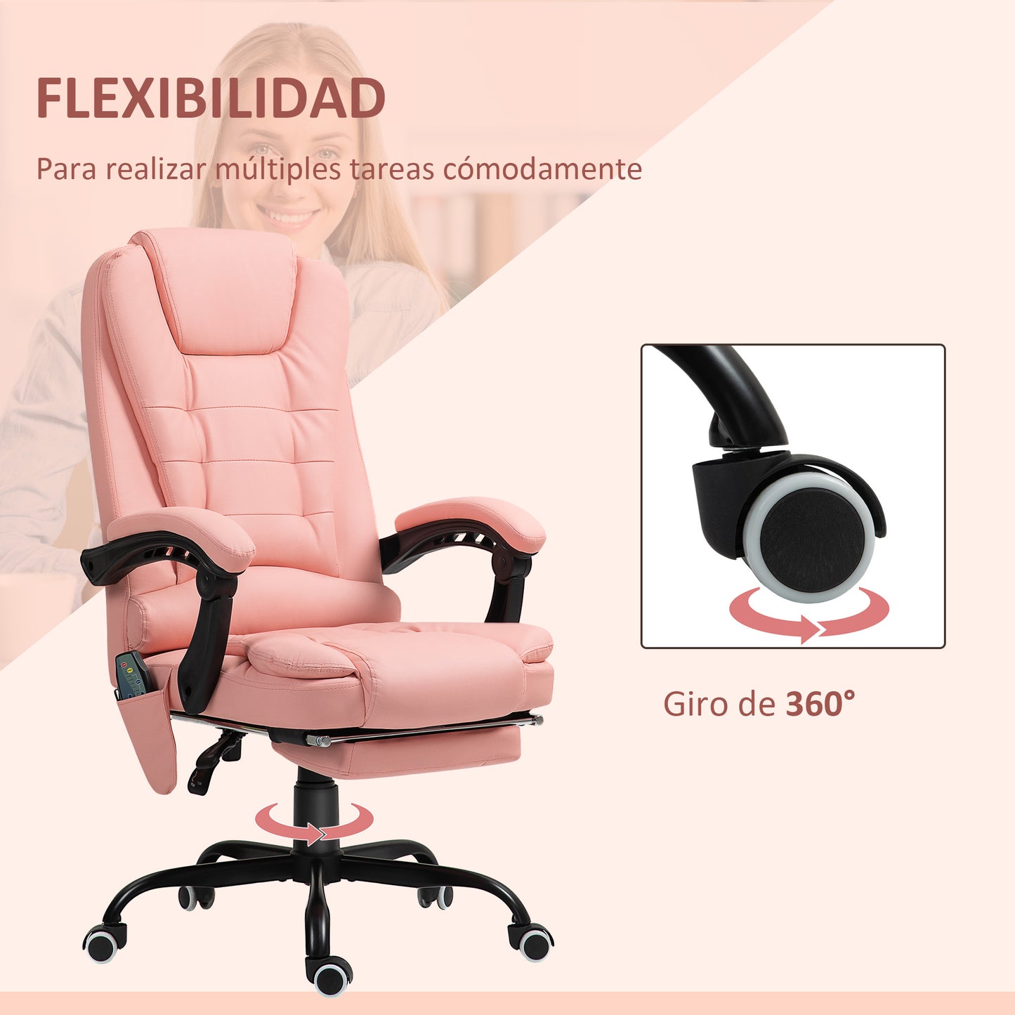 Vinsetto Silla de Oficina con 7 Puntos de Masaje Silla de Masaje Giratoria Silla de Escritorio con Reposapiés Retráctil Altura Ajustable Control Remoto y Tejido de PU Rosa