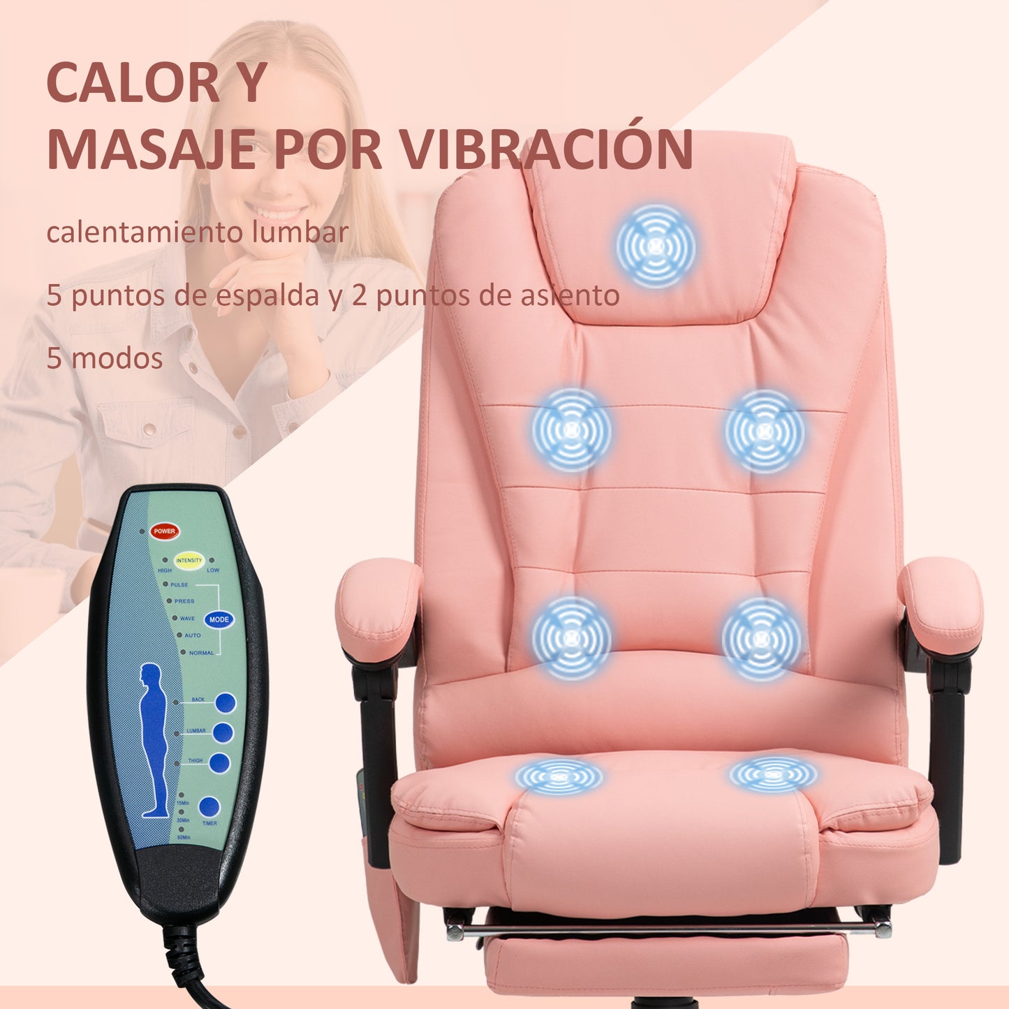 Vinsetto Silla de Oficina con 7 Puntos de Masaje Silla de Masaje Giratoria Silla de Escritorio con Reposapiés Retráctil Altura Ajustable Control Remoto y Tejido de PU Rosa