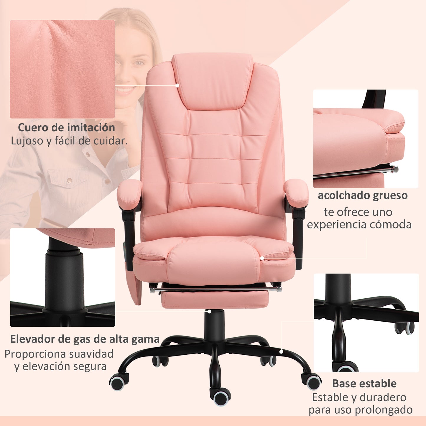 Vinsetto Silla de Oficina con 7 Puntos de Masaje Silla de Masaje Giratoria Silla de Escritorio con Reposapiés Retráctil Altura Ajustable Control Remoto y Tejido de PU Rosa