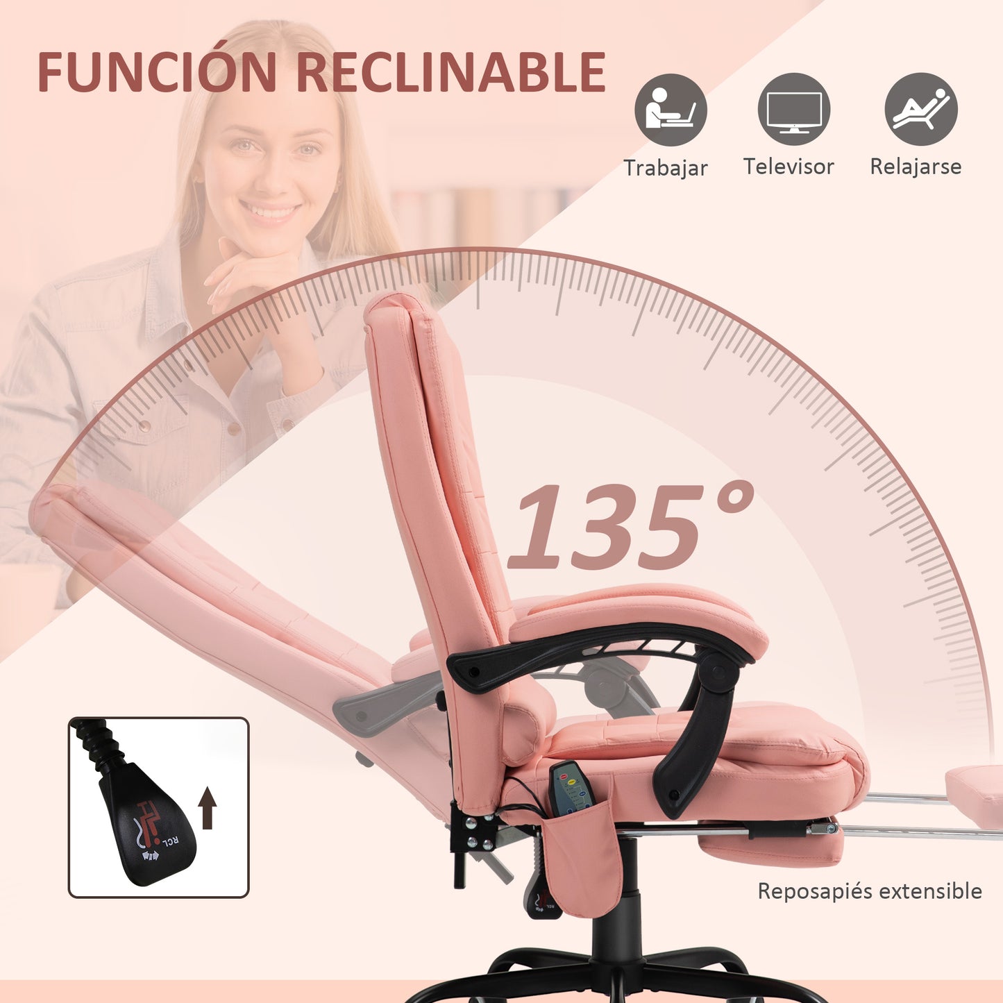 Vinsetto Silla de Oficina con 7 Puntos de Masaje Silla de Masaje Giratoria Silla de Escritorio con Reposapiés Retráctil Altura Ajustable Control Remoto y Tejido de PU Rosa