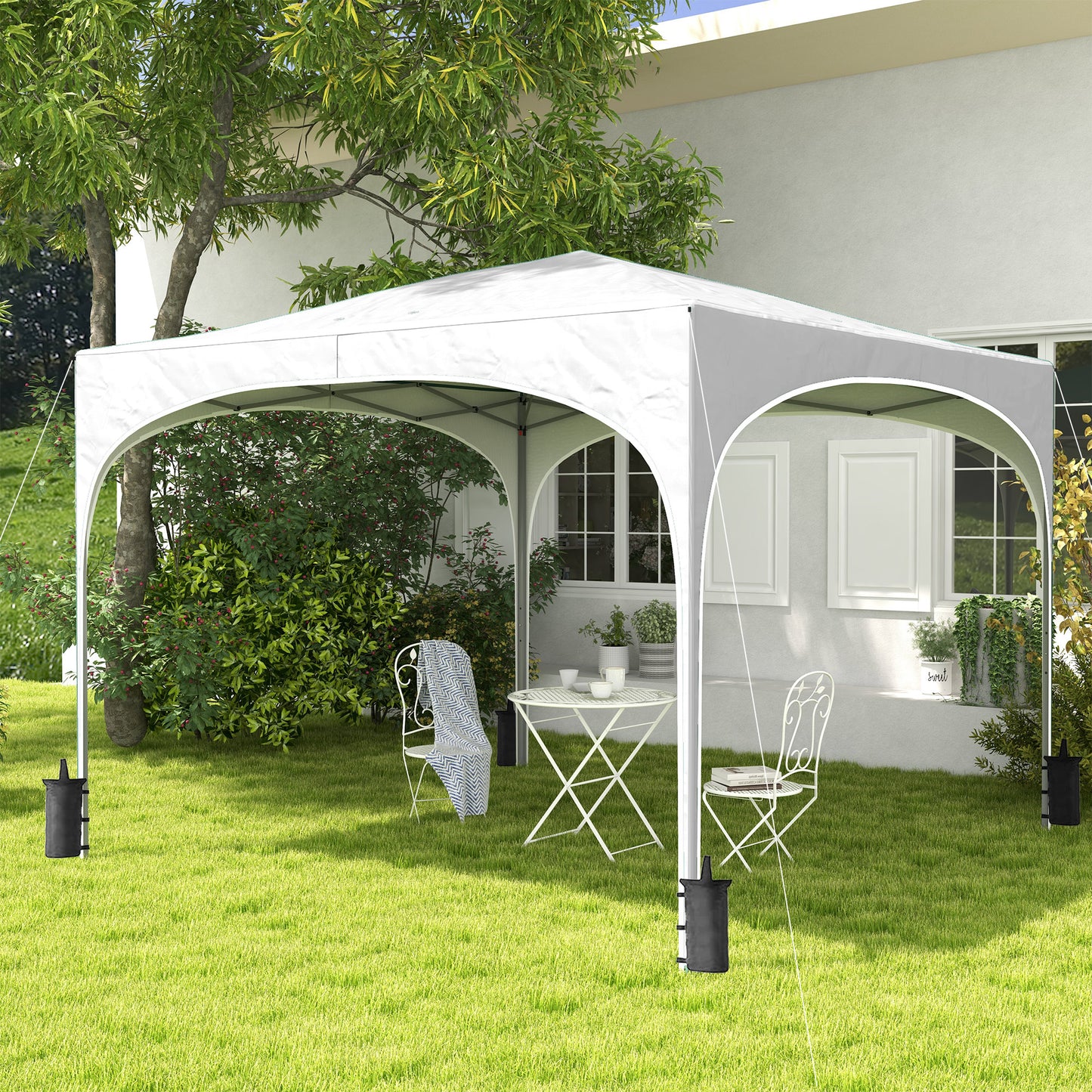 Outsunny Carpa Plegable 3x3 m Cenador de Jardín Altura Ajustable con Bolsa de Transporte Impermeable Anti-UV y Bolsas de Arena Gazebo para Exteriores Jardín Patio Blanco