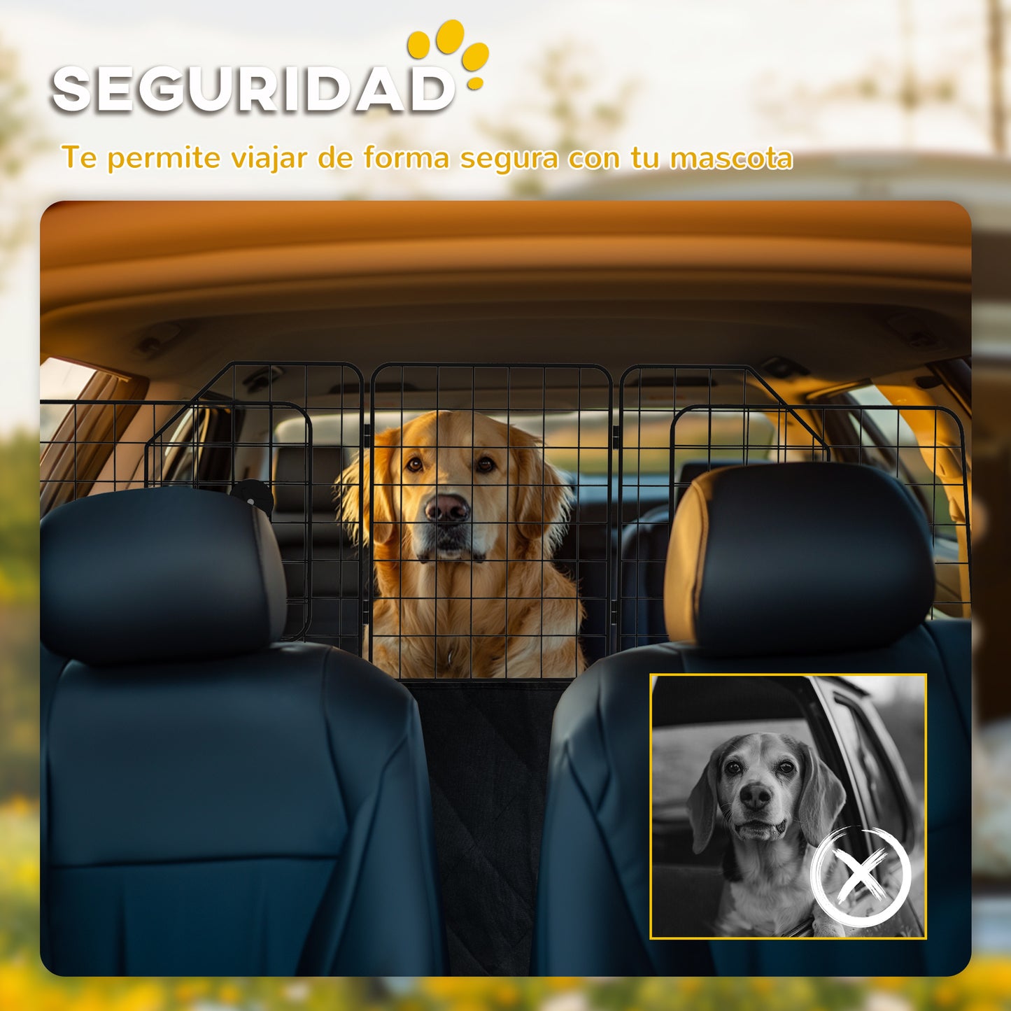 PawHut Barrera Protectora de Coche para Perros con Anchura Ajustable Rejilla para Perros de Coche Plegable de Acero 93-150x42 cm Negro