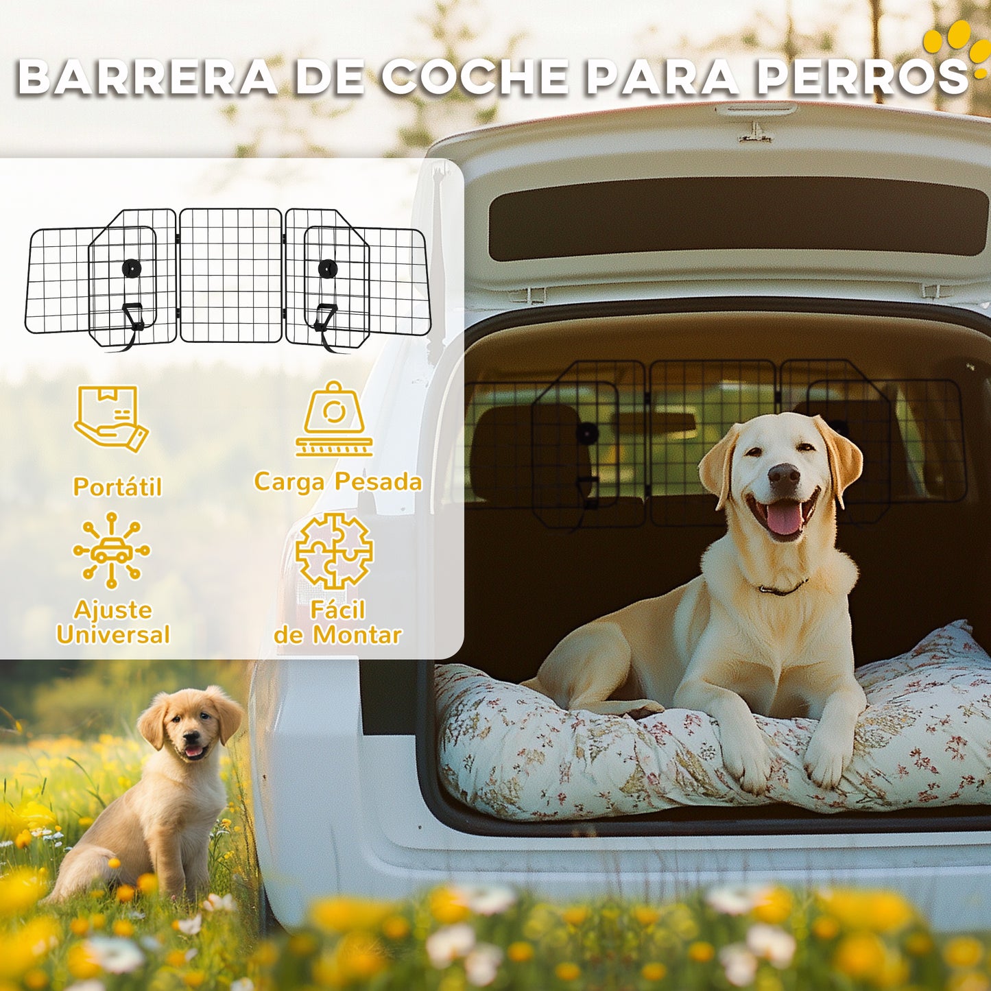 PawHut Barrera Protectora de Coche para Perros con Anchura Ajustable Rejilla para Perros de Coche Plegable de Acero 93-150x42 cm Negro