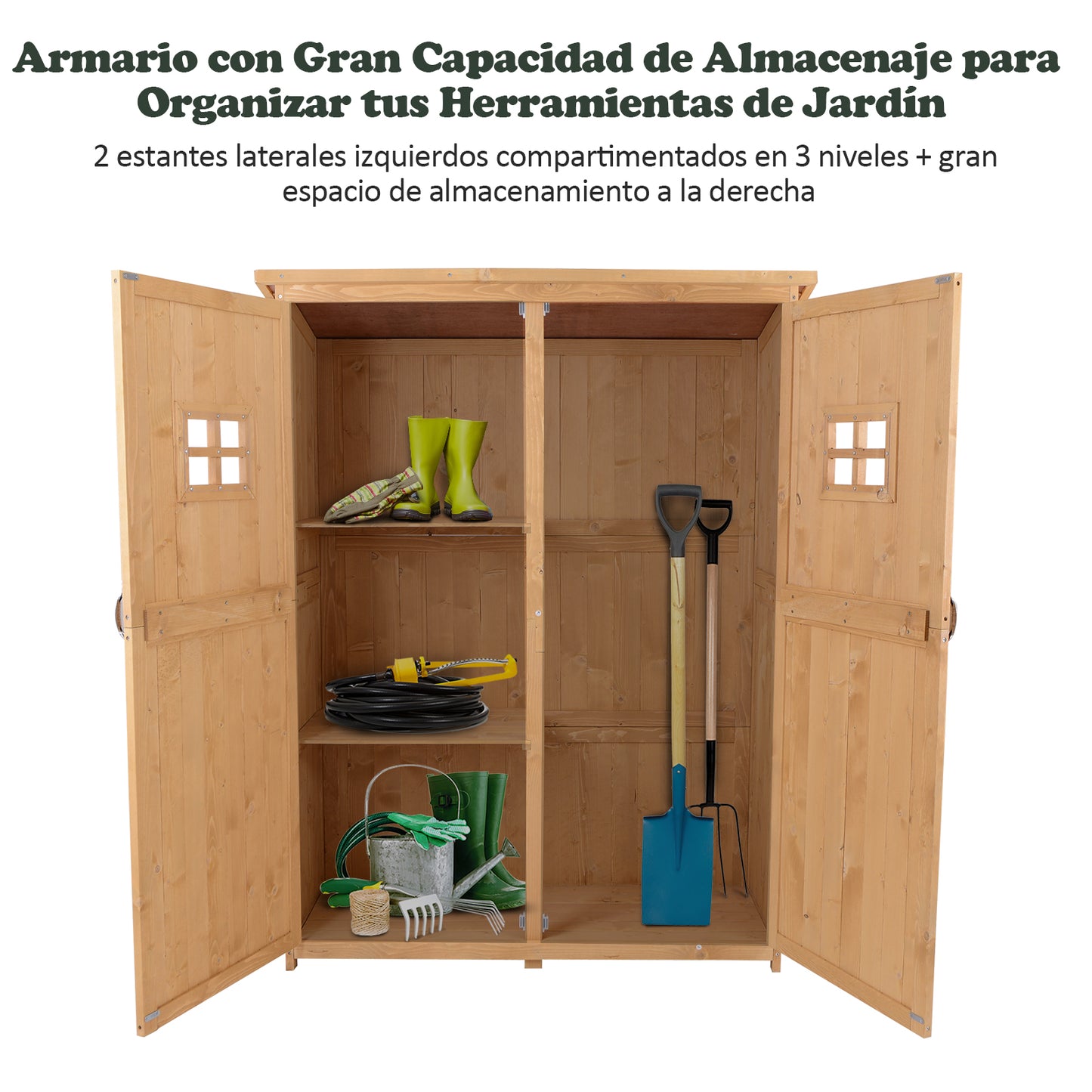 Outsunny Cobertizo de Madera Caseta de Jardín Exterior Armario Herramientas de Jardinería con Estantes Doble Puerta Ventanas y Techo Asfáltico 127,5x50x164 cm Natural