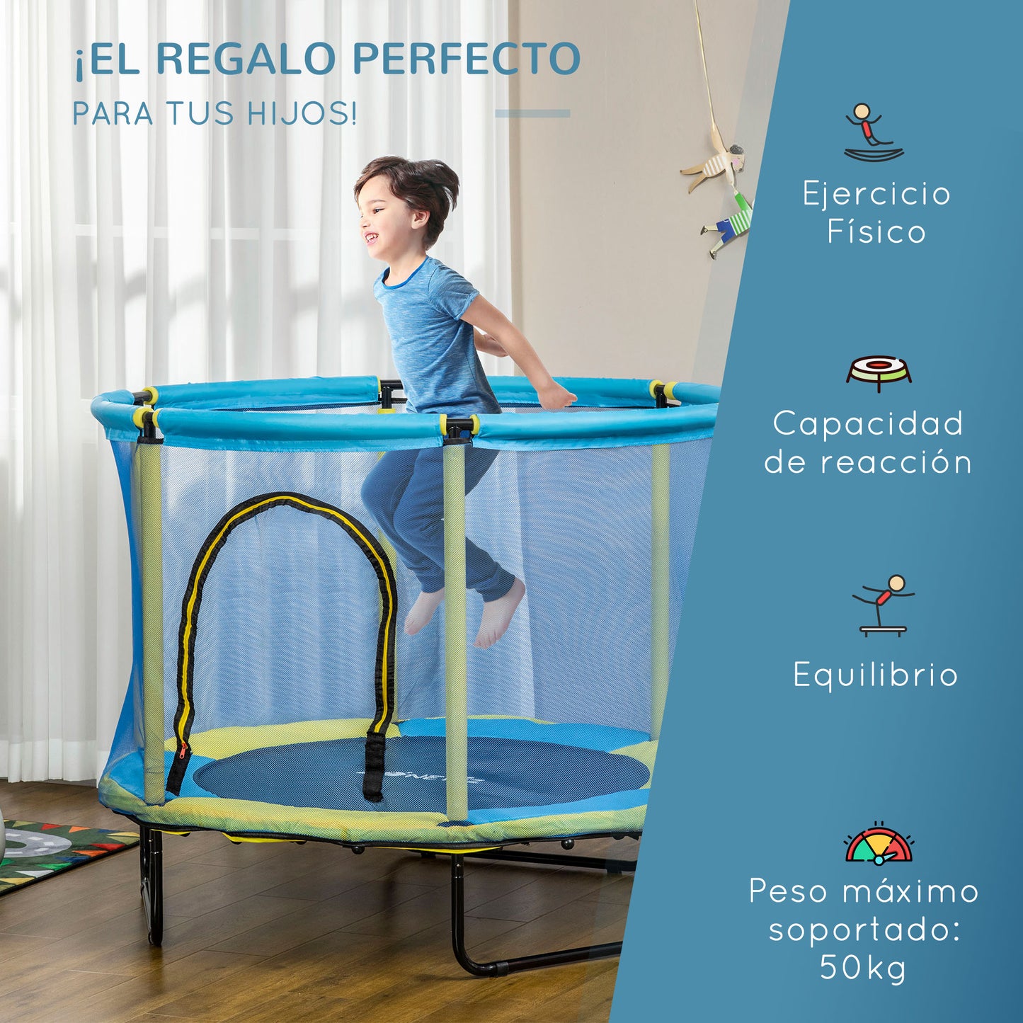 ZONEKIZ Cama Elástica Infantil Ø140 cm con Red de Seguridad Trampolín para Niños de 1-6 Años Cubierta de Bordes para Interior Exterior Carga 50 kg Azul