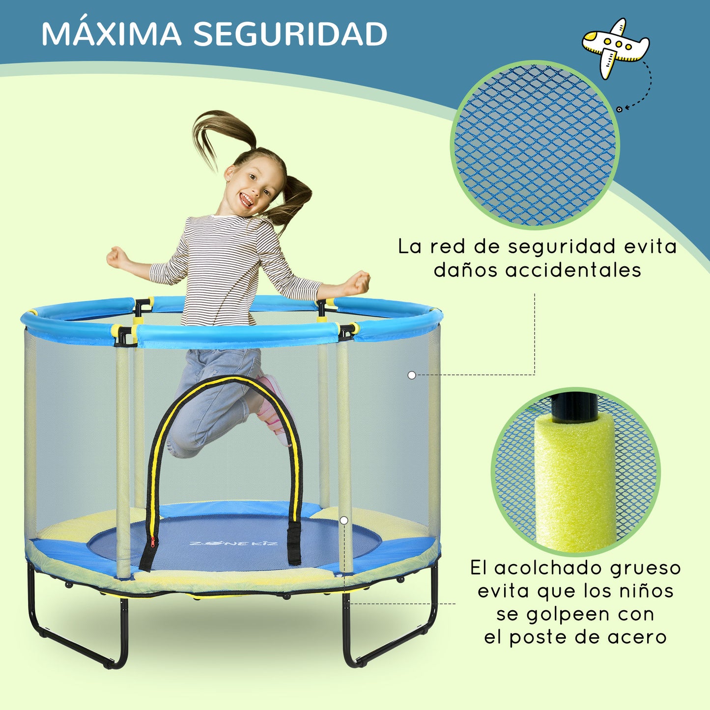 ZONEKIZ Cama Elástica Infantil Ø140 cm con Red de Seguridad Trampolín para Niños de 1-6 Años Cubierta de Bordes para Interior Exterior Carga 50 kg Azul