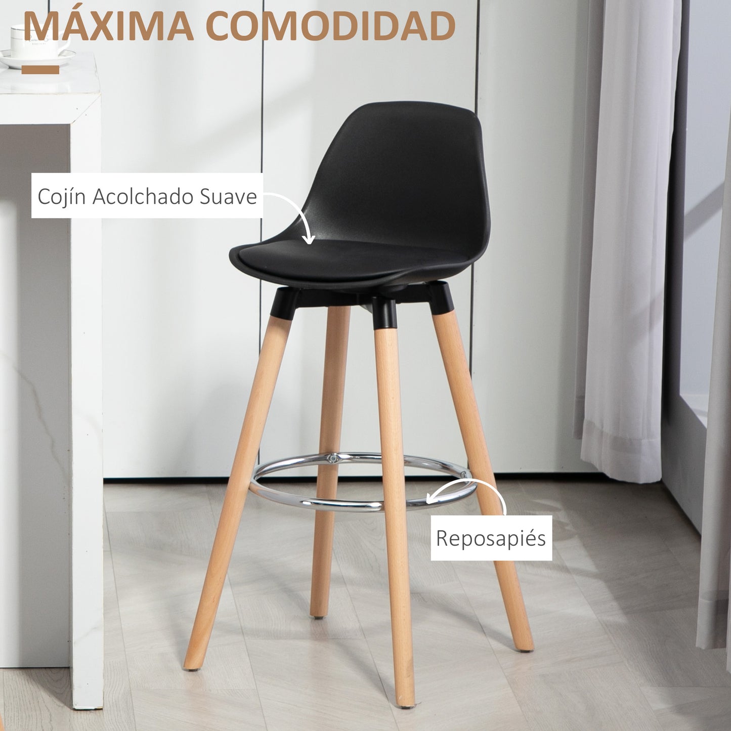 HOMCOM Juego de 2 Taburetes Altos de Cocina Altura Asiento 69 cm Taburetes de Bar Sillas Altas de Cocina Tapizado en PU con Respaldo Patas de Madera para Comedor Negro