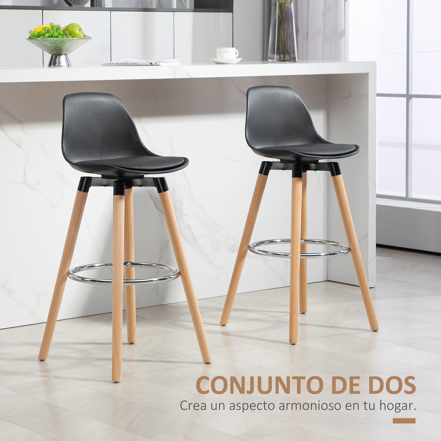 HOMCOM Juego de 2 Taburetes Altos de Cocina Altura Asiento 69 cm Taburetes de Bar Sillas Altas de Cocina Tapizado en PU con Respaldo Patas de Madera para Comedor Negro