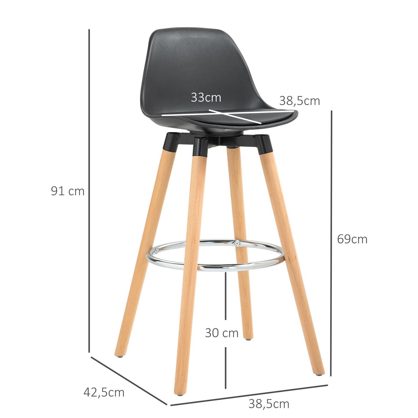 HOMCOM Juego de 2 Taburetes Altos de Cocina Altura Asiento 69 cm Taburetes de Bar Sillas Altas de Cocina Tapizado en PU con Respaldo Patas de Madera para Comedor Negro