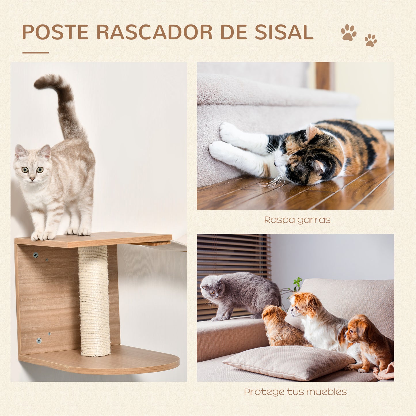 PawHut Estantes de Pared Gatos Escaleras de Tela para Gatos con Plataformas y Postes Rascadores de Sisal Centro de Actividades de Escalada 129x40x31,5 cm Marrón Claro