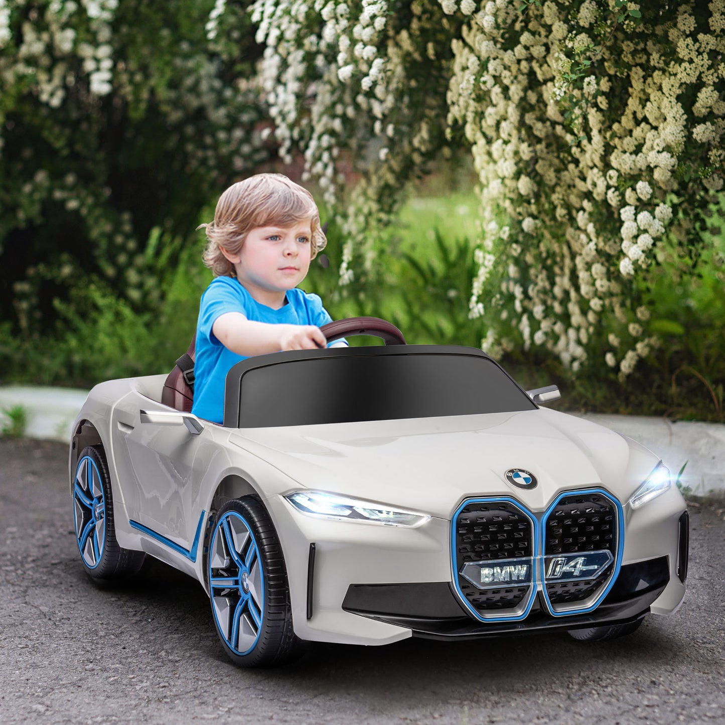 HOMCOM Coche Eléctrico para Niños 37-72 Meses Autorización BMW I4 Coche de Batería 12V con Control Remoto Música MP3 Pantalla Luces y Cinturón de Seguridad 115x67x45 cm Blanco