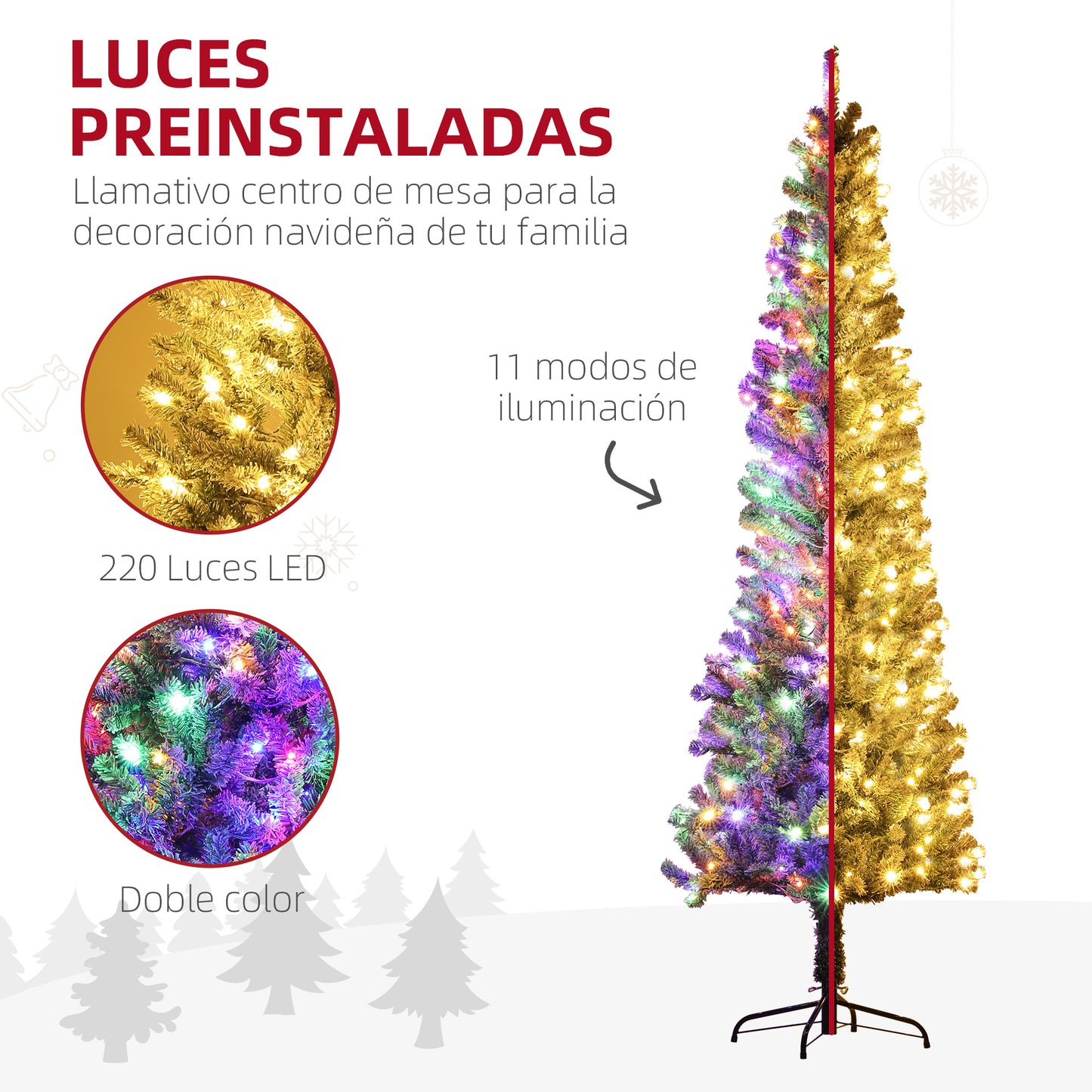 HOMCOM Árbol de Navidad 225 cm Árbol de Navidad con Luces LED de Dos Colores 519 Ramas Control Remoto y Soporte de Acero Árbol Navideño para Salón Interior Verde