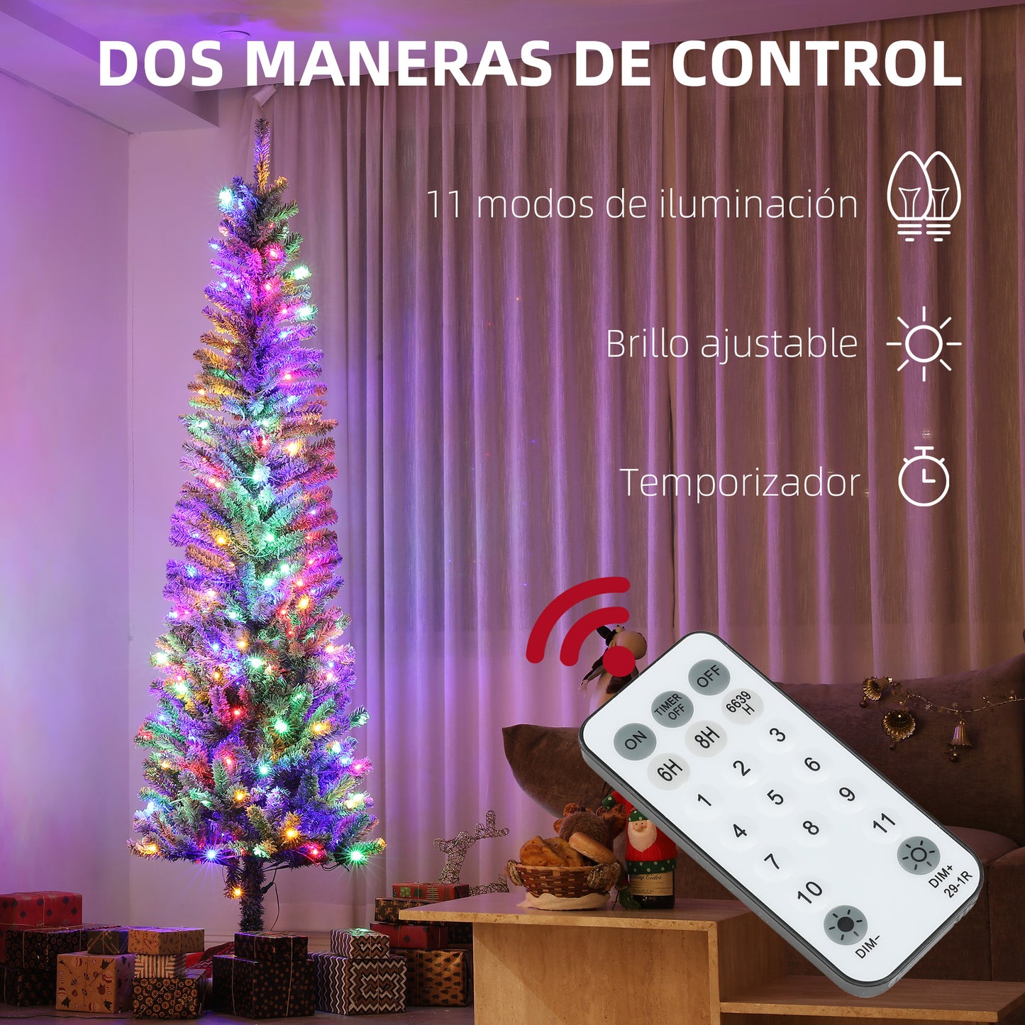 HOMCOM Árbol de Navidad 225 cm Árbol de Navidad con Luces LED de Dos Colores 519 Ramas Control Remoto y Soporte de Acero Árbol Navideño para Salón Interior Verde