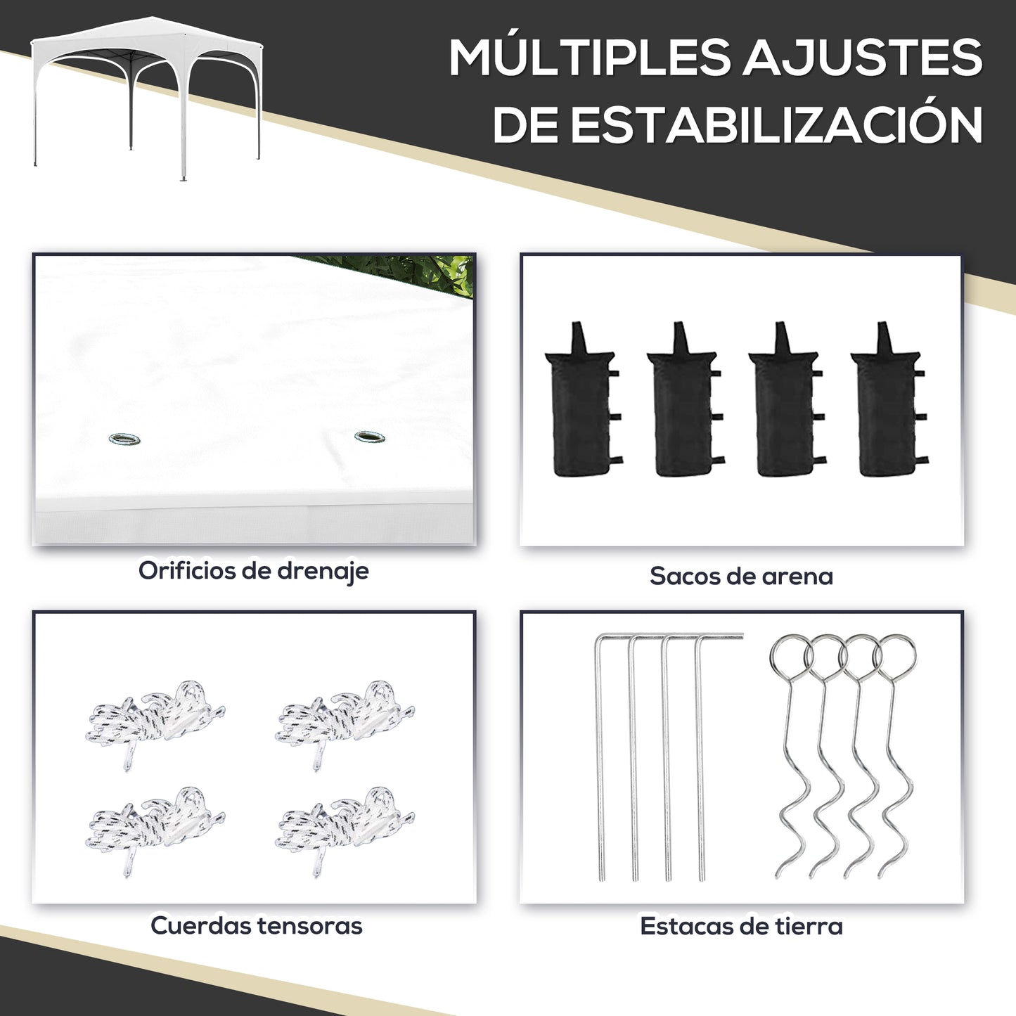 Outsunny Carpa Plegable 3x3 m Cenador de Jardín Altura Ajustable con Bolsa de Transporte Impermeable Anti-UV y Bolsas de Arena Gazebo para Exteriores Jardín Patio Blanco