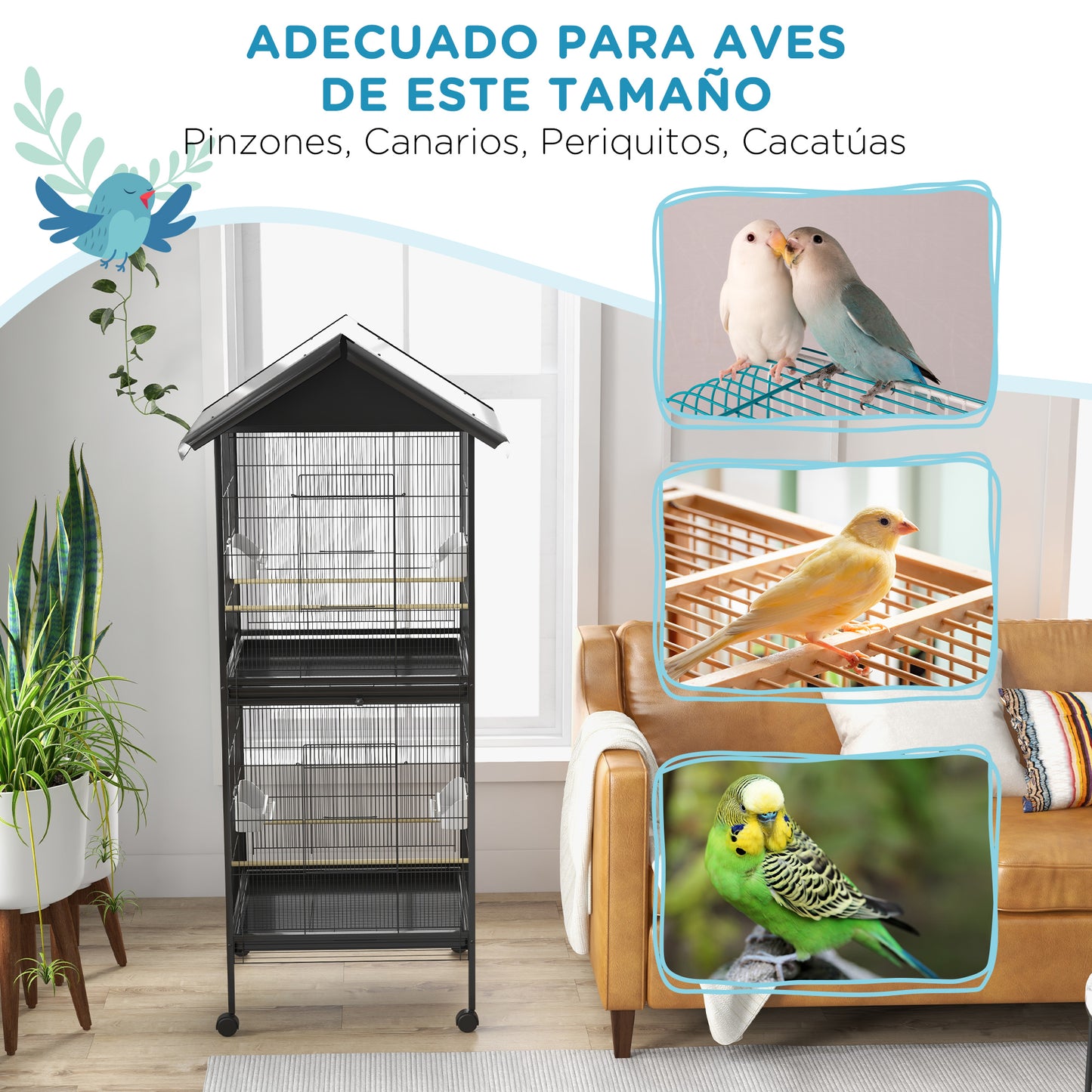 PawHut Jaula para Pájaros 2 en 1 Grande de 2 Pisos Convertible en Sola Pajarera con Ruedas 4 Comederos 4 Perchas y Bandejas Extraíbles para Canarios Loros 78x75x168 cm Negro