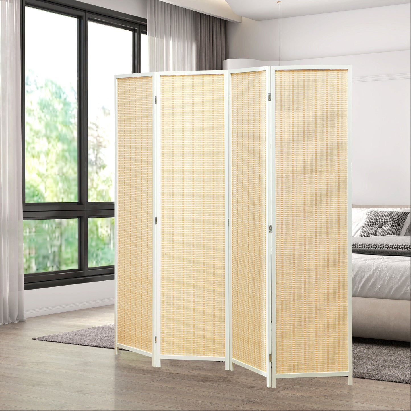 HOMCOM Biombo de 4 Paneles Plegable 180x180 cm Separador de Ambientes Divisor de Habitación Tejido a Mano de Bambú e Hilo de Algodón Decoración Elegante para Salón Blanco