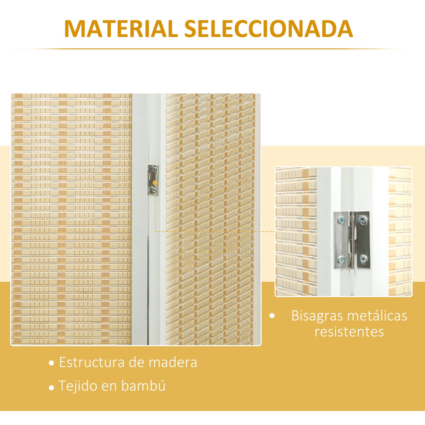 HOMCOM Biombo de 4 Paneles Plegable 180x180 cm Separador de Ambientes Divisor de Habitación Tejido a Mano de Bambú e Hilo de Algodón Decoración Elegante para Salón Blanco