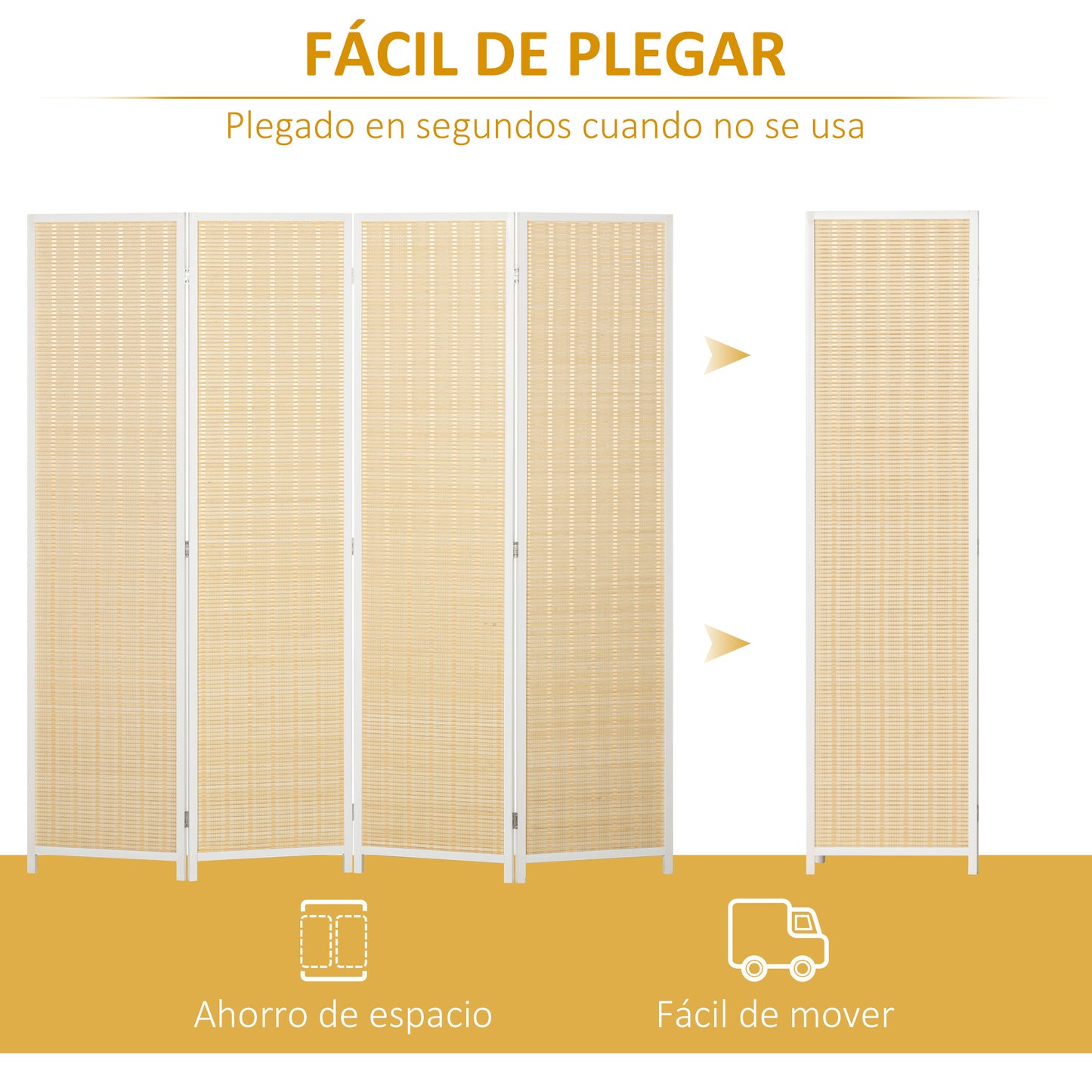 HOMCOM Biombo de 4 Paneles Plegable 180x180 cm Separador de Ambientes Divisor de Habitación Tejido a Mano de Bambú e Hilo de Algodón Decoración Elegante para Salón Blanco