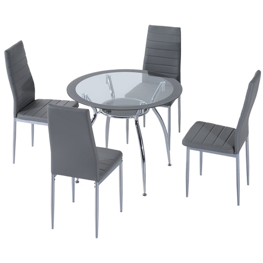 HOMCOM Juego de Mesa de Comedor y 4 Sillas Conjunto de Muebles de 5 Piezas Mesa Redonda de Vidrio Templado Ø90x75 cm y 4 Sillas con Patas de Acero Carga 120 kg 42x52x96 cm Gris