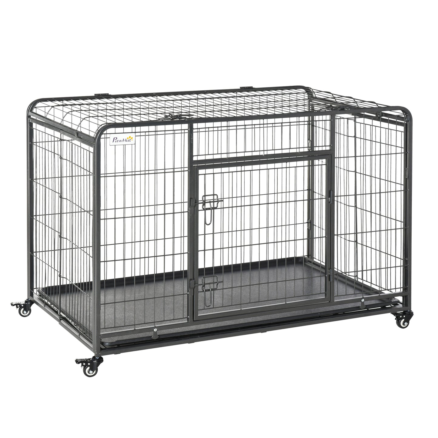 PawHut Jaula de Metal para Perros Plegable con Ruedas y Frenos Bandeja Extraíble y Puerta con Pestillos para Golden Retriver Labrador 125x76x81 cm Gris Oscuro