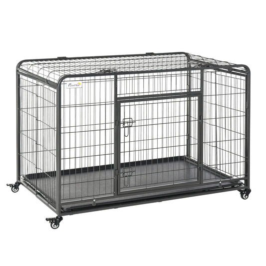 PawHut Jaula de Metal para Perros Plegable con Ruedas y Frenos Bandeja Extraíble y Puerta con Pestillos para Golden Retriver Labrador 125x76x81 cm Gris Oscuro