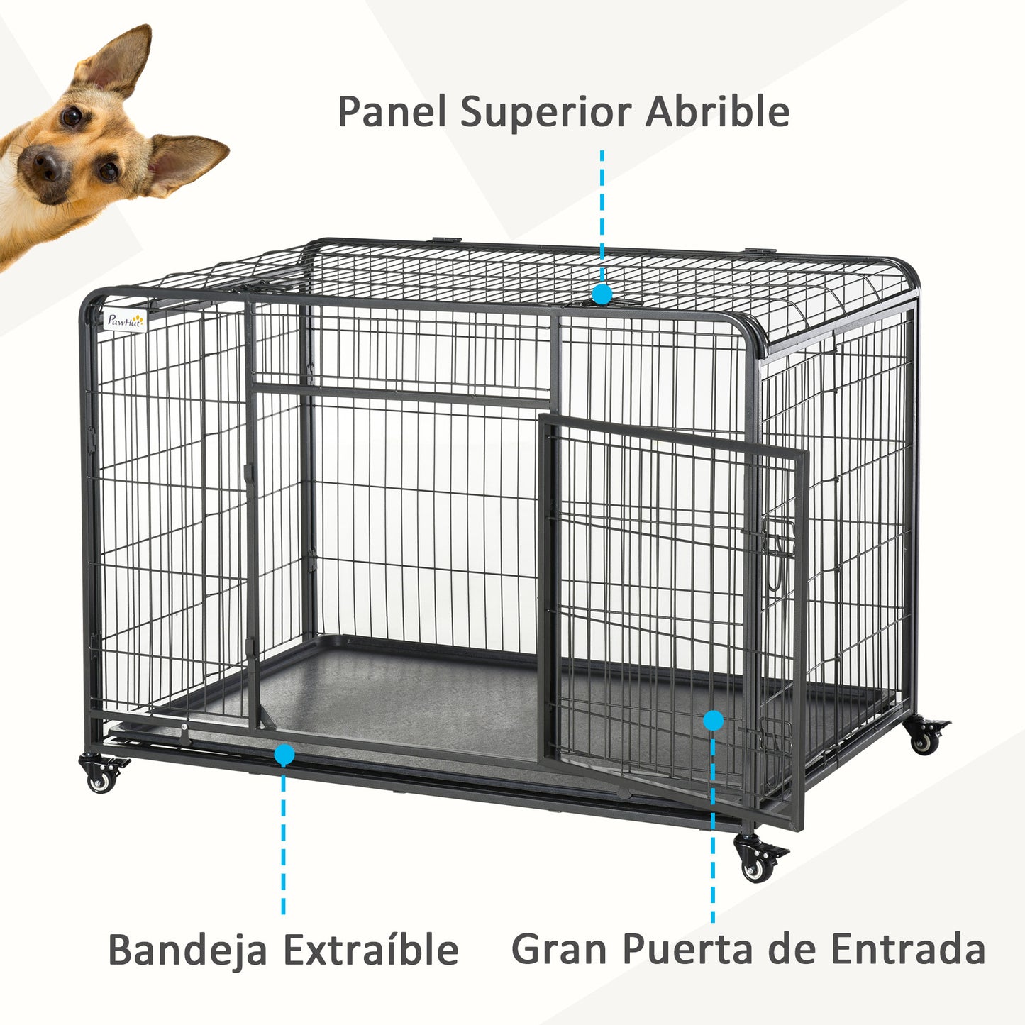 PawHut Jaula de Metal para Perros Plegable con Ruedas y Frenos Bandeja Extraíble y Puerta con Pestillos para Golden Retriver Labrador 125x76x81 cm Gris Oscuro