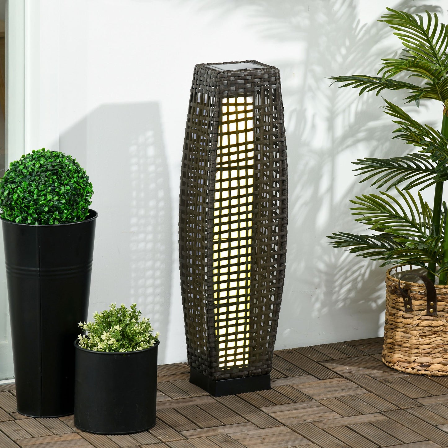 Outsunny Linterna de Jardín de Ratán Sintético Luces Solares Exterior con Luces LED Encendido/Apagado Automático para Terraza Balcón Patio 21x21x78 cm Gris