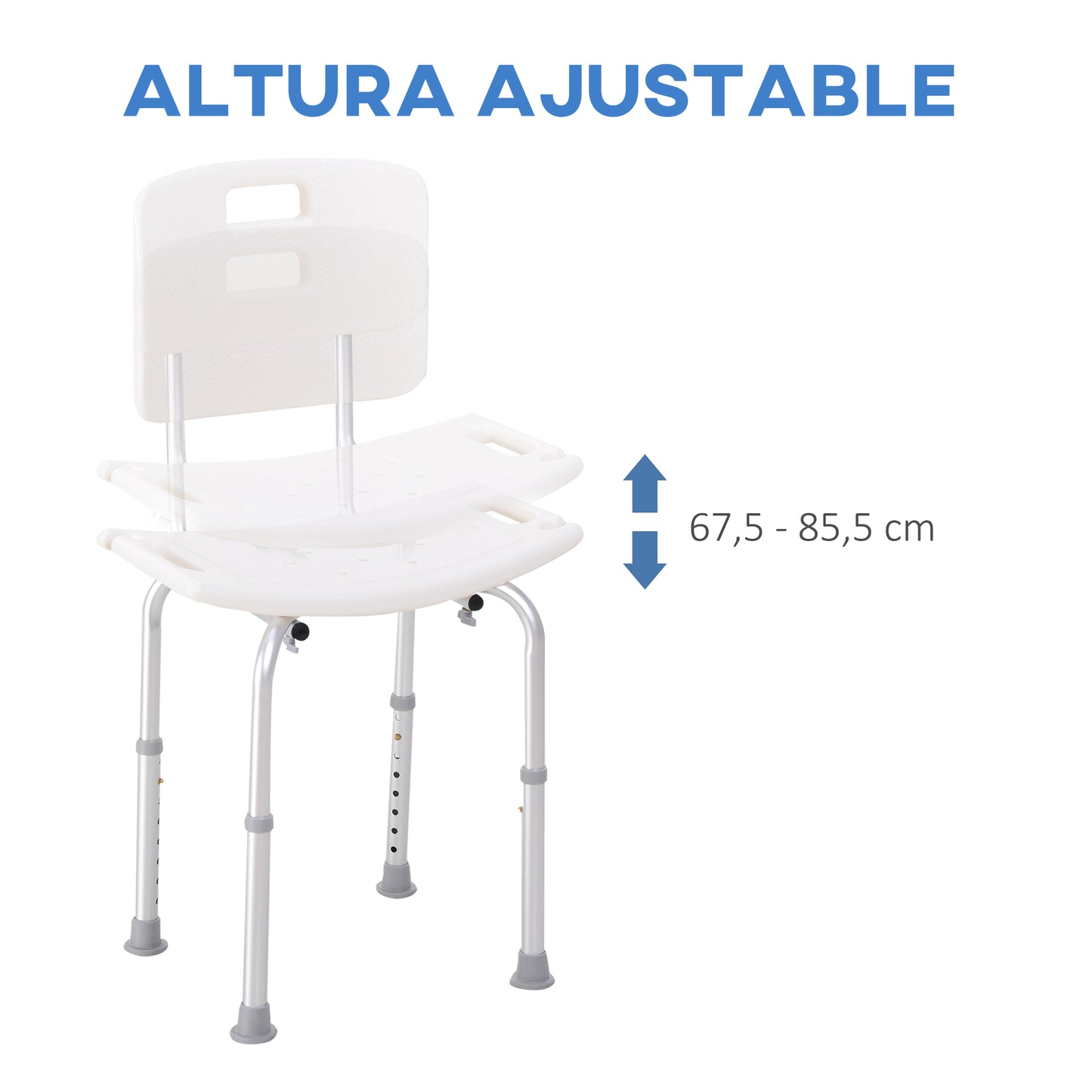 HOMCOM Silla Ducha Personas Mayores Taburete de Ducha Silla para Ducha con Respaldo Altura Regulable en 8 Niveles y Antideslizante Carga 136 kg Ayuda para Baño para Ancianos y Discapacitados