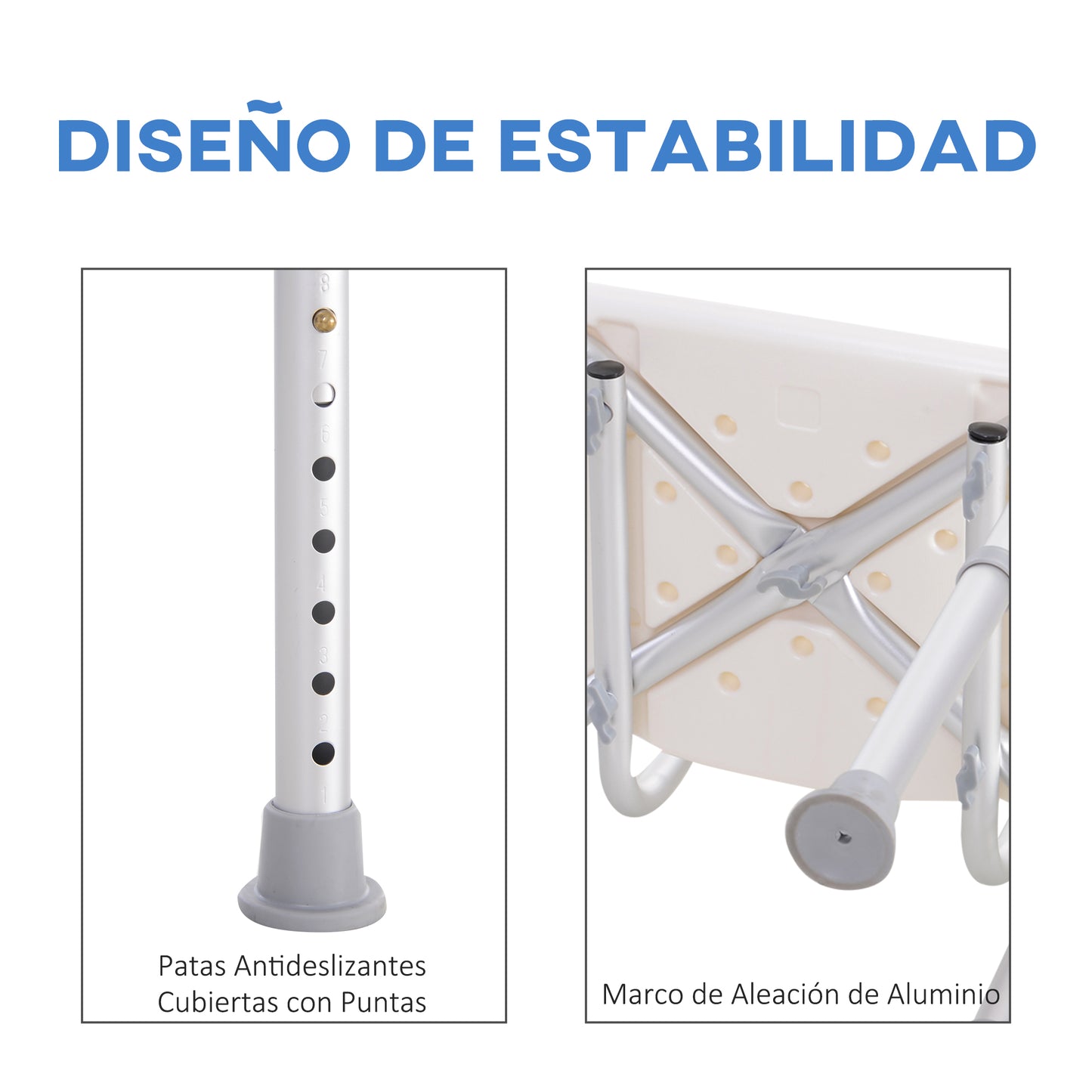 HOMCOM Silla Ducha Personas Mayores Taburete de Ducha Silla para Ducha con Respaldo Altura Regulable en 8 Niveles y Antideslizante Carga 136 kg Ayuda para Baño para Ancianos y Discapacitados