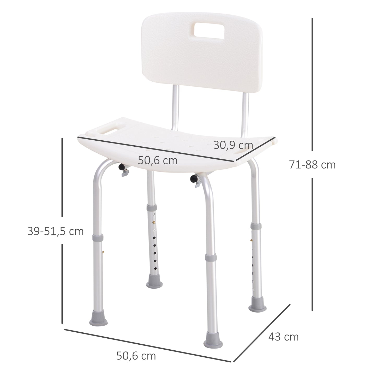 HOMCOM Silla Ducha Personas Mayores Taburete de Ducha Silla para Ducha con Respaldo Altura Regulable en 8 Niveles y Antideslizante Carga 136 kg Ayuda para Baño para Ancianos y Discapacitados