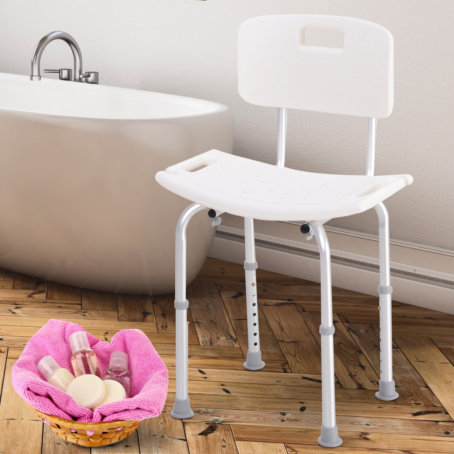 HOMCOM Silla Ducha Personas Mayores Taburete de Ducha Silla para Ducha con Respaldo Altura Regulable en 8 Niveles y Antideslizante Carga 136 kg Ayuda para Baño para Ancianos y Discapacitados