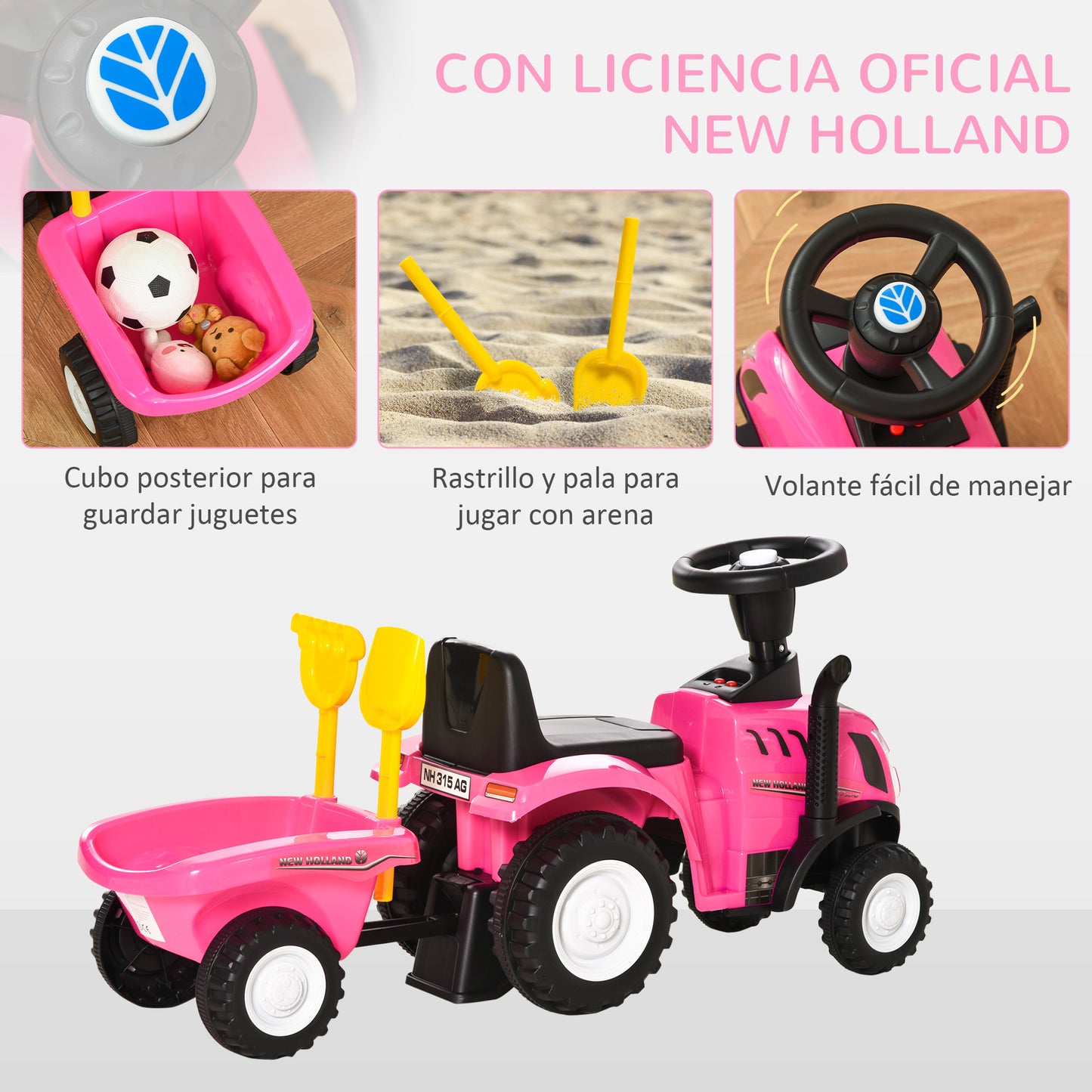 HOMCOM Tractor sin Pedales para Niños de 12-36 Meses con Remolque Extraíble Coche Correpasillos con Bocina Faros Pala Asiento de Suelo 25 cm y Rastrillo Carga 25 kg 91x29x44 cm Rosa