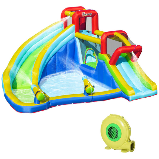 Outsunny Castillo Hinchable para Niños +3 Años Castillo Inflable con Inflador Parque Acuático con 2 Toboganes Trampolín Piscina y Bolsa de Transporte 385x365x200 cm Multicolor