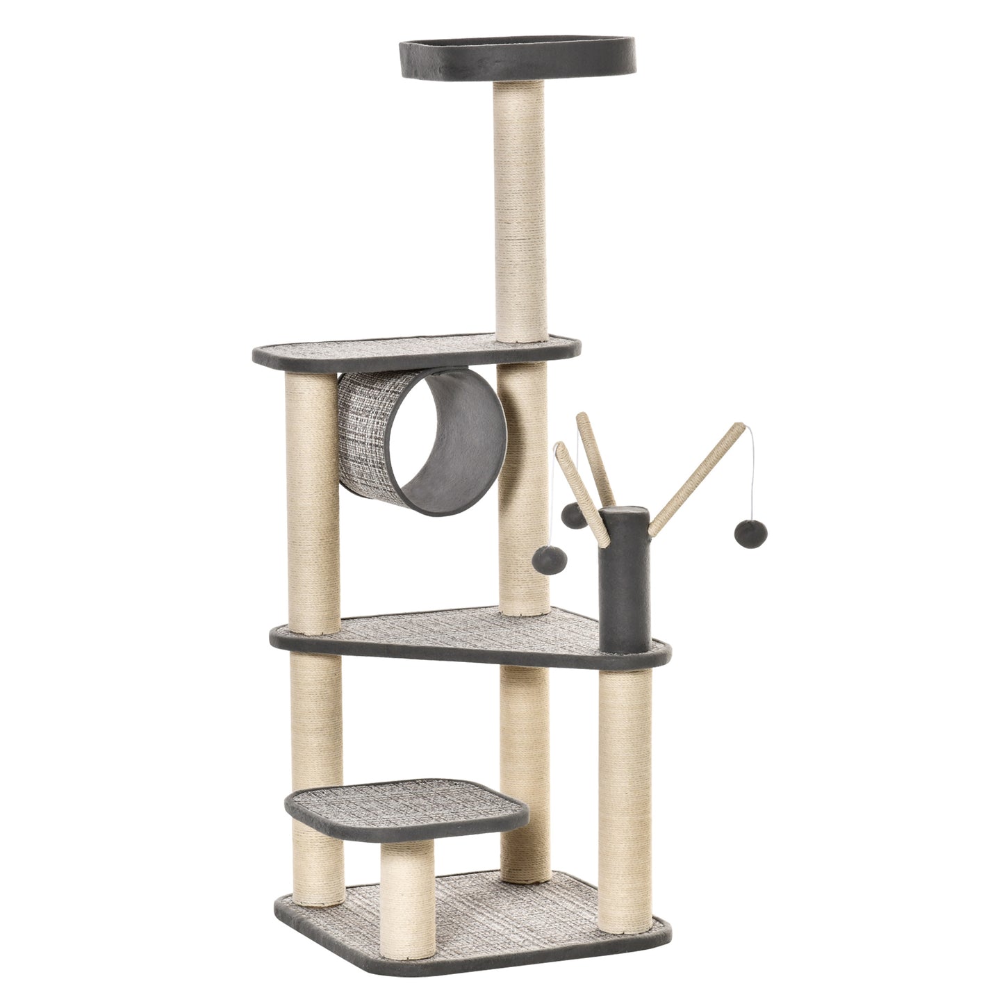 PawHut Árbol para Gatos Grande 49x49x130 cm Torre Escalador para Gatos con Múltiples Plataformas Cama de Túnel Postes de Sisal y Juguetes Beige y Gris