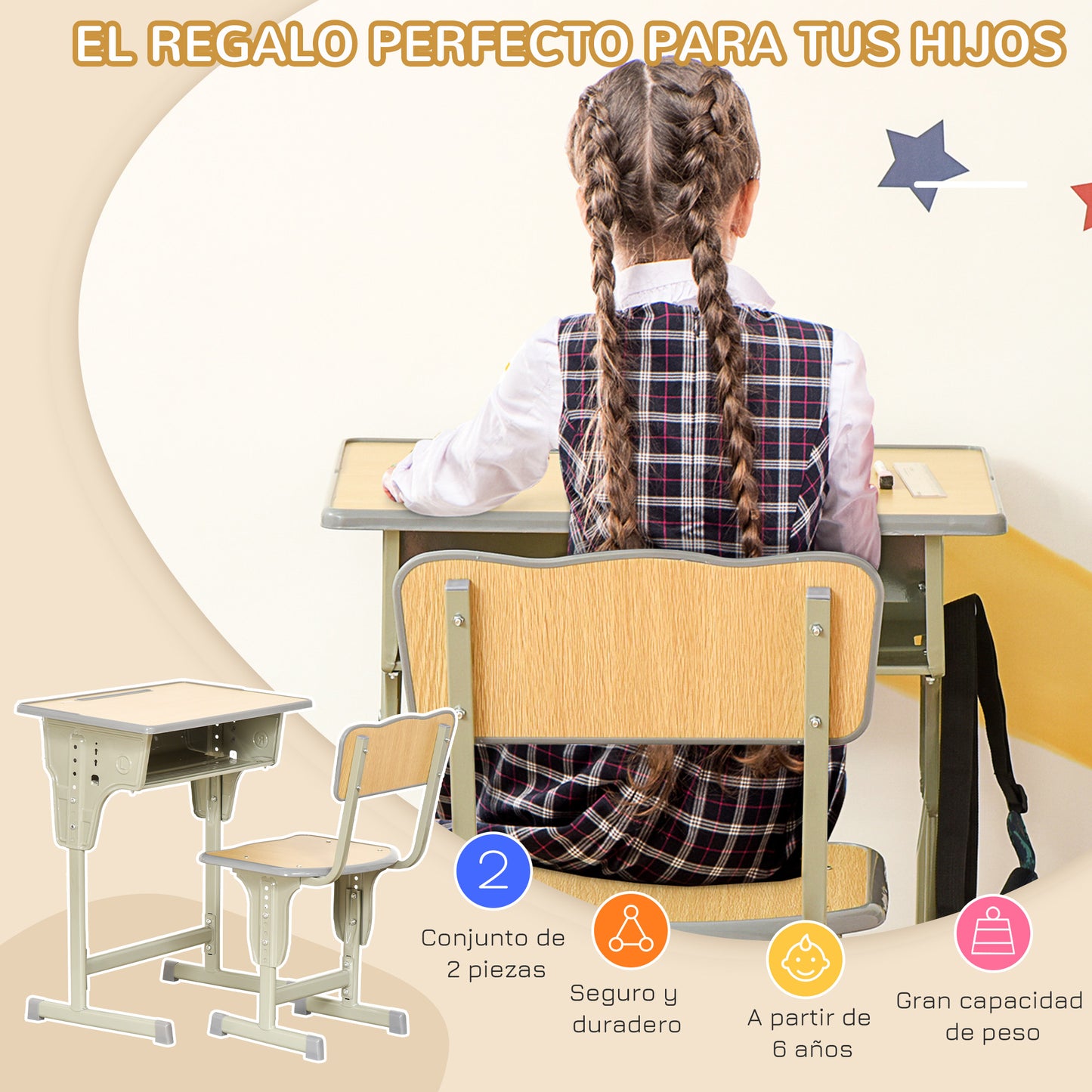 HOMCOM Juego de Escritorio y Silla para Niños de +6 Años Pupitre Infantil Altura Ajustable Escritorio Infantil con Cajón y Gancho Natural