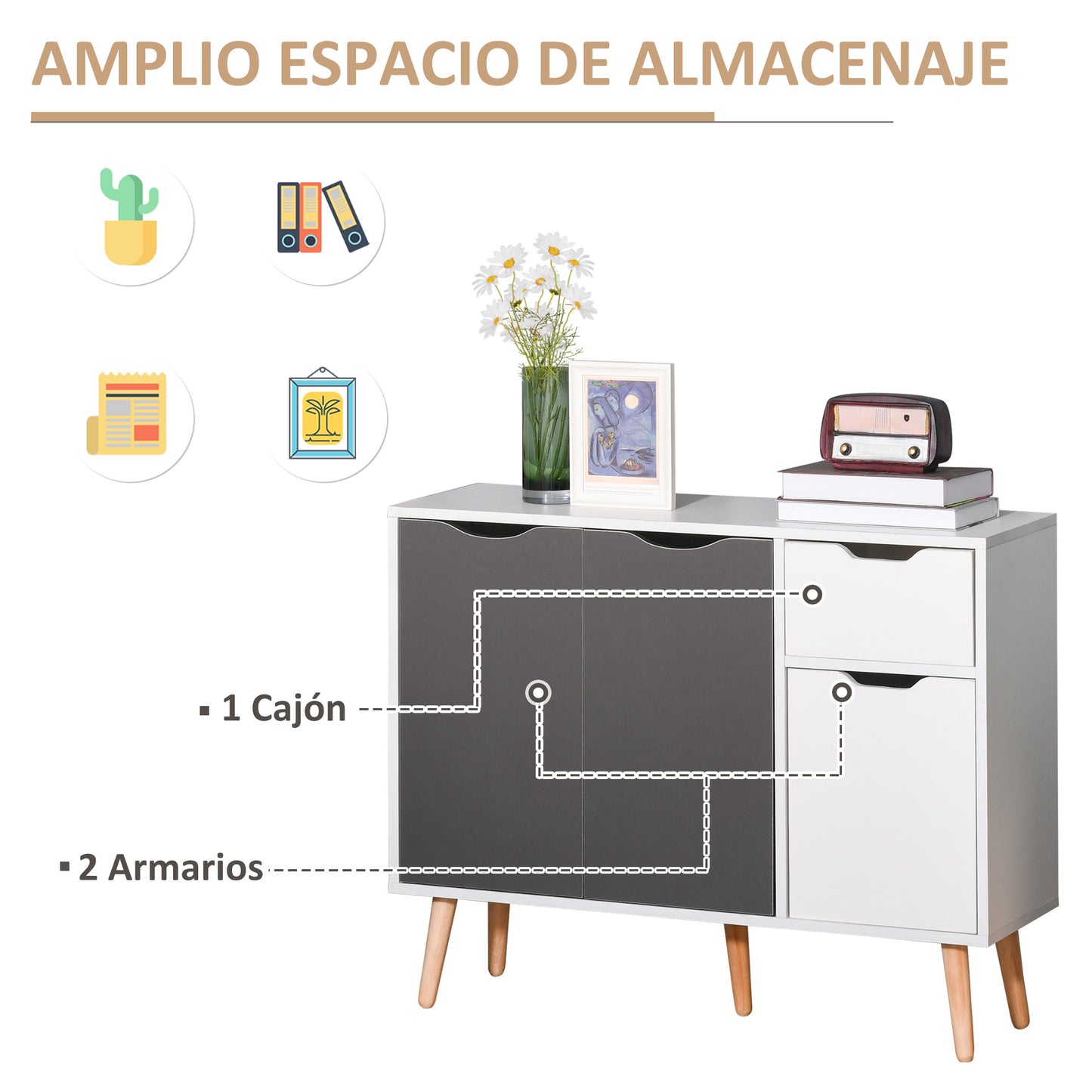 HOMCOM Aparador Moderno Aparador para Salón con 3 Puertas y Cajón Mueble Auxiliar para Salón Cocina Dormitorio 90x30x72 cm Blanco y Gris