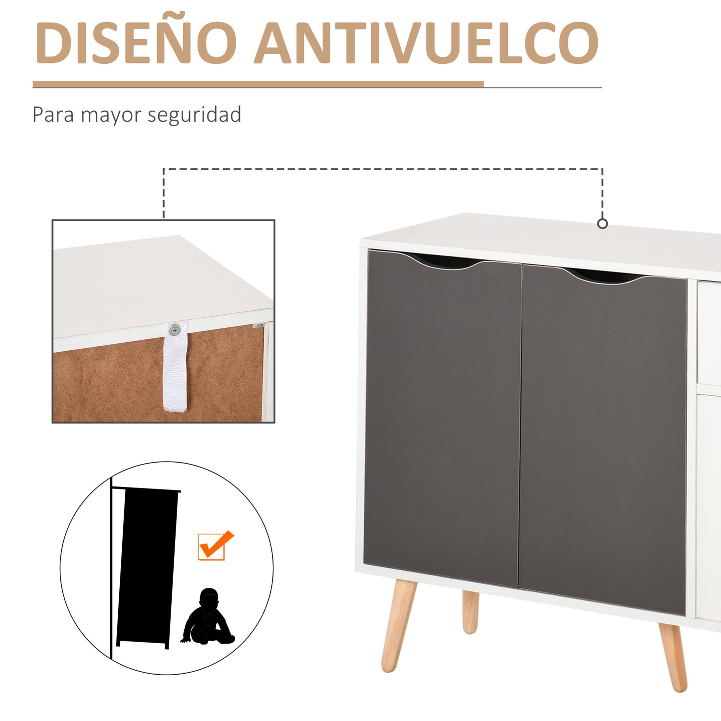 HOMCOM Aparador Moderno Aparador para Salón con 3 Puertas y Cajón Mueble Auxiliar para Salón Cocina Dormitorio 90x30x72 cm Blanco y Gris