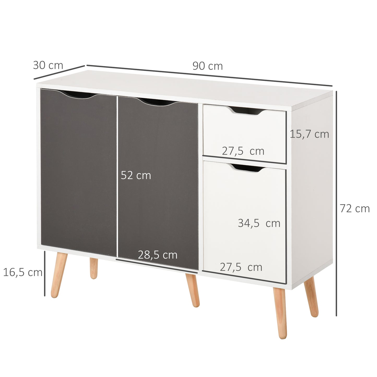 HOMCOM Aparador Moderno Aparador para Salón con 3 Puertas y Cajón Mueble Auxiliar para Salón Cocina Dormitorio 90x30x72 cm Blanco y Gris