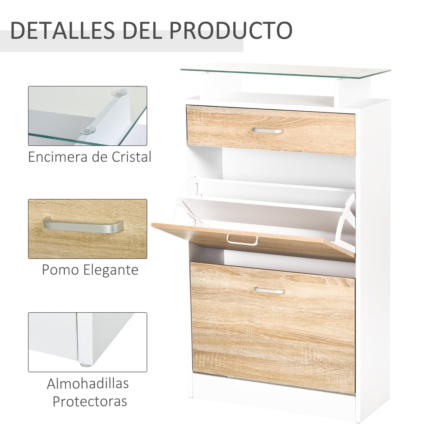 HOMCOM Mueble Zapatero Armario Zapatero con 3 Cajones Estante de Vidrio y Asa de Aluminio para Pasillo Entrada Carga 50 kg 60x24x105,5 cm Natural