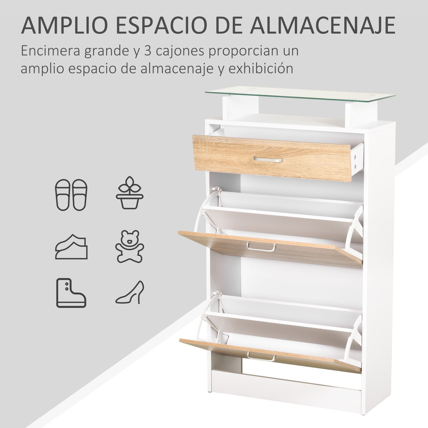 HOMCOM Mueble Zapatero Armario Zapatero con 3 Cajones Estante de Vidrio y Asa de Aluminio para Pasillo Entrada Carga 50 kg 60x24x105,5 cm Natural