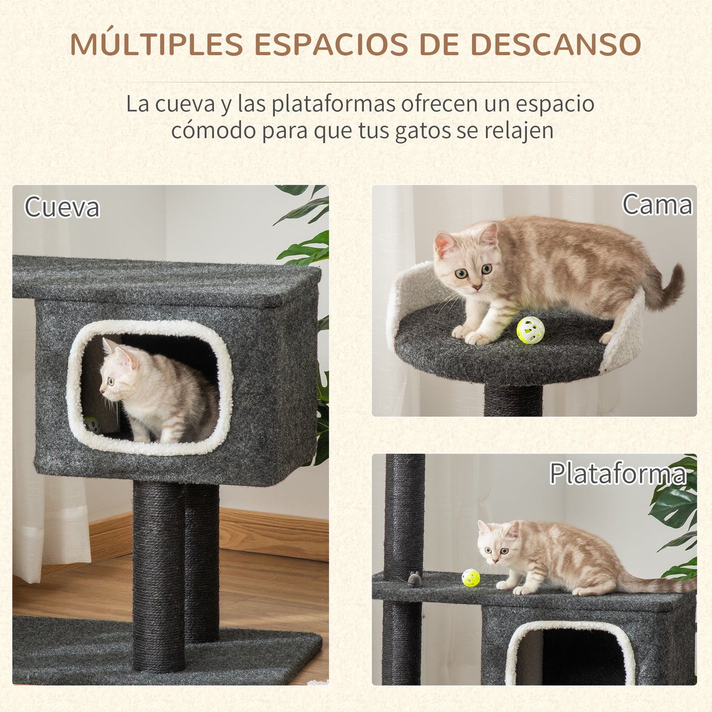 PawHut Árbol para Gatos 70x41x112 cm Torre Escalador para Gatos con Cueva Plataforma y Postes Rascadores de Sisal para Arañar Gris Oscuro