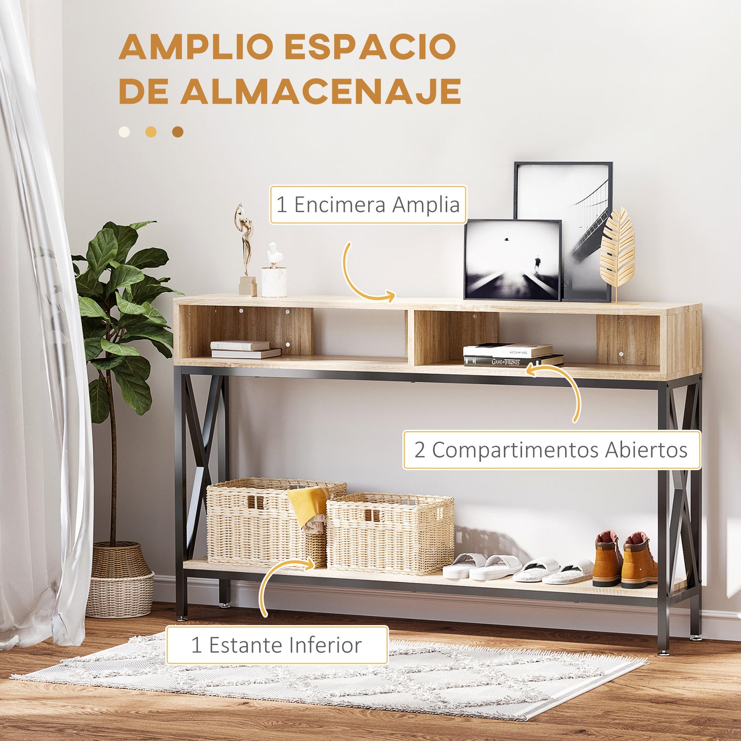 HOMCOM Mesa Consola Mueble para Recibidor con 2 Compartimientos y Estante Consola para Recibidor Entrada Pasillo 120x23,5x75 cm Roble y Negro