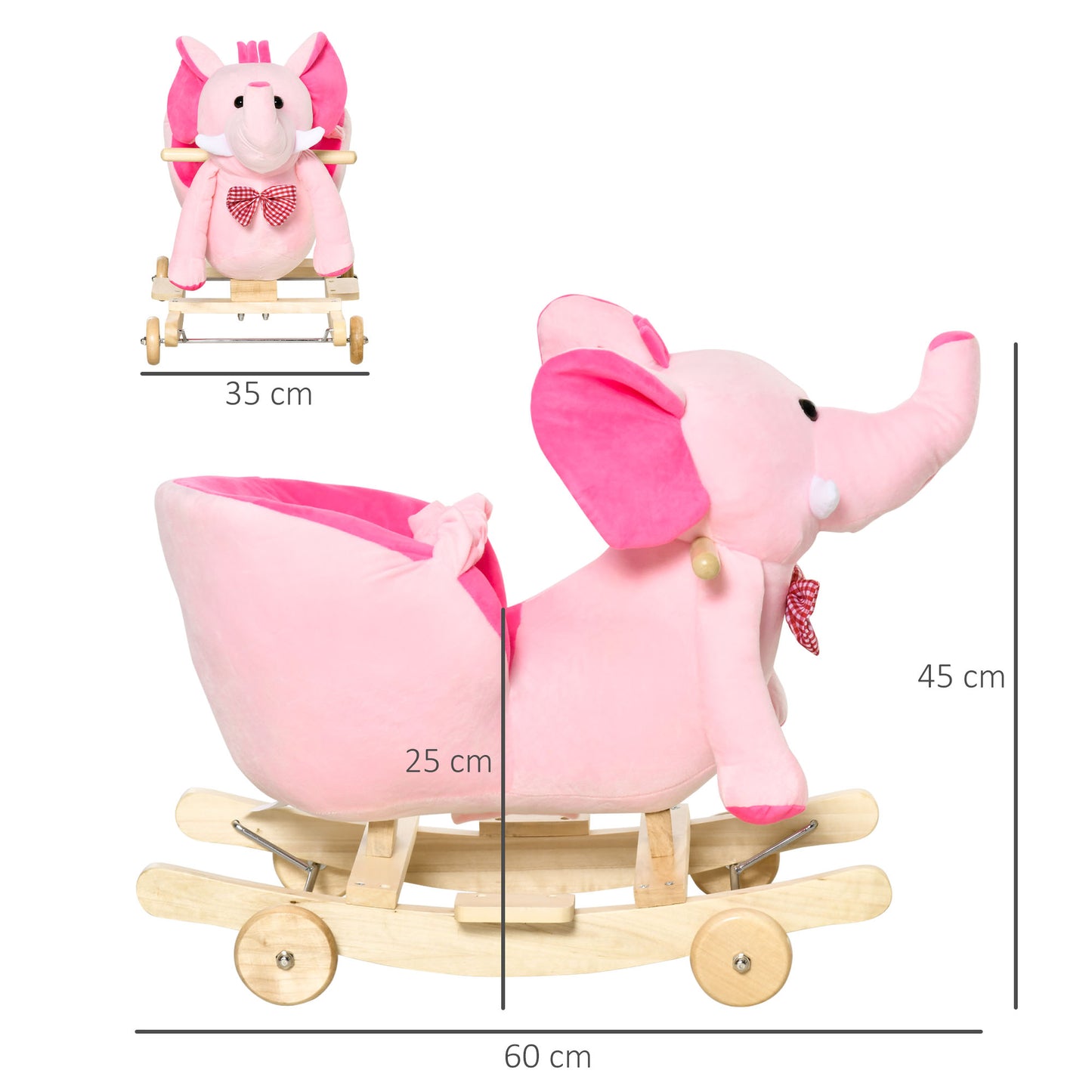 HOMCOM Caballito Balancín con Ruedas Forma de Elefante Caballo Balancín para Bebés de +18 Meses con Músicas Infantiles y Cinturón de Seguridad Carga 60 kg 60x35x45 cm Rosa