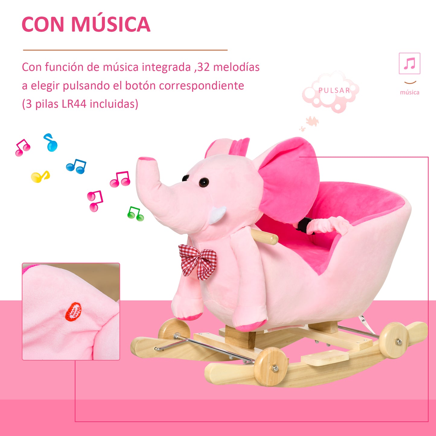 HOMCOM Caballito Balancín con Ruedas Forma de Elefante Caballo Balancín para Bebés de +18 Meses con Músicas Infantiles y Cinturón de Seguridad Carga 60 kg 60x35x45 cm Rosa