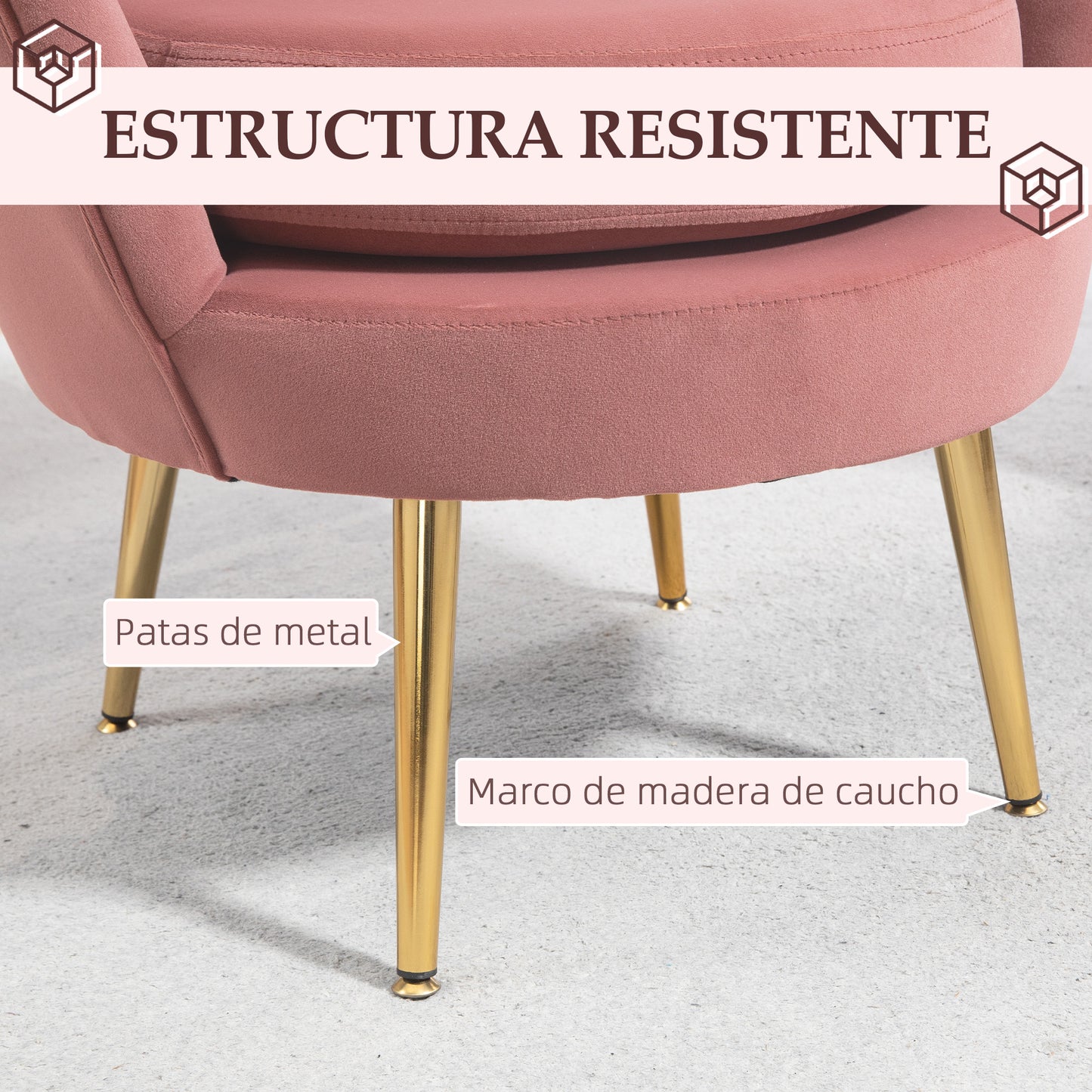 HOMCOM Butaca de Salón Tapizada en Terciopelo Sillón Butaca de Dormitorio con Respaldo en Forma de Concha y Patas Doradas para Comedor 76x67x74 cm Rosa